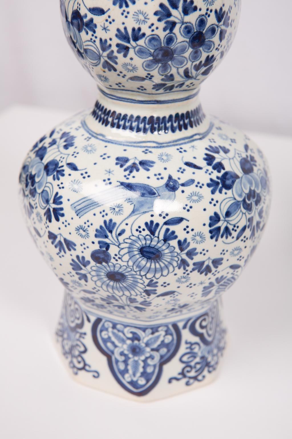 Chinoiserie Pair of Tall Blue and White Delft Vases
