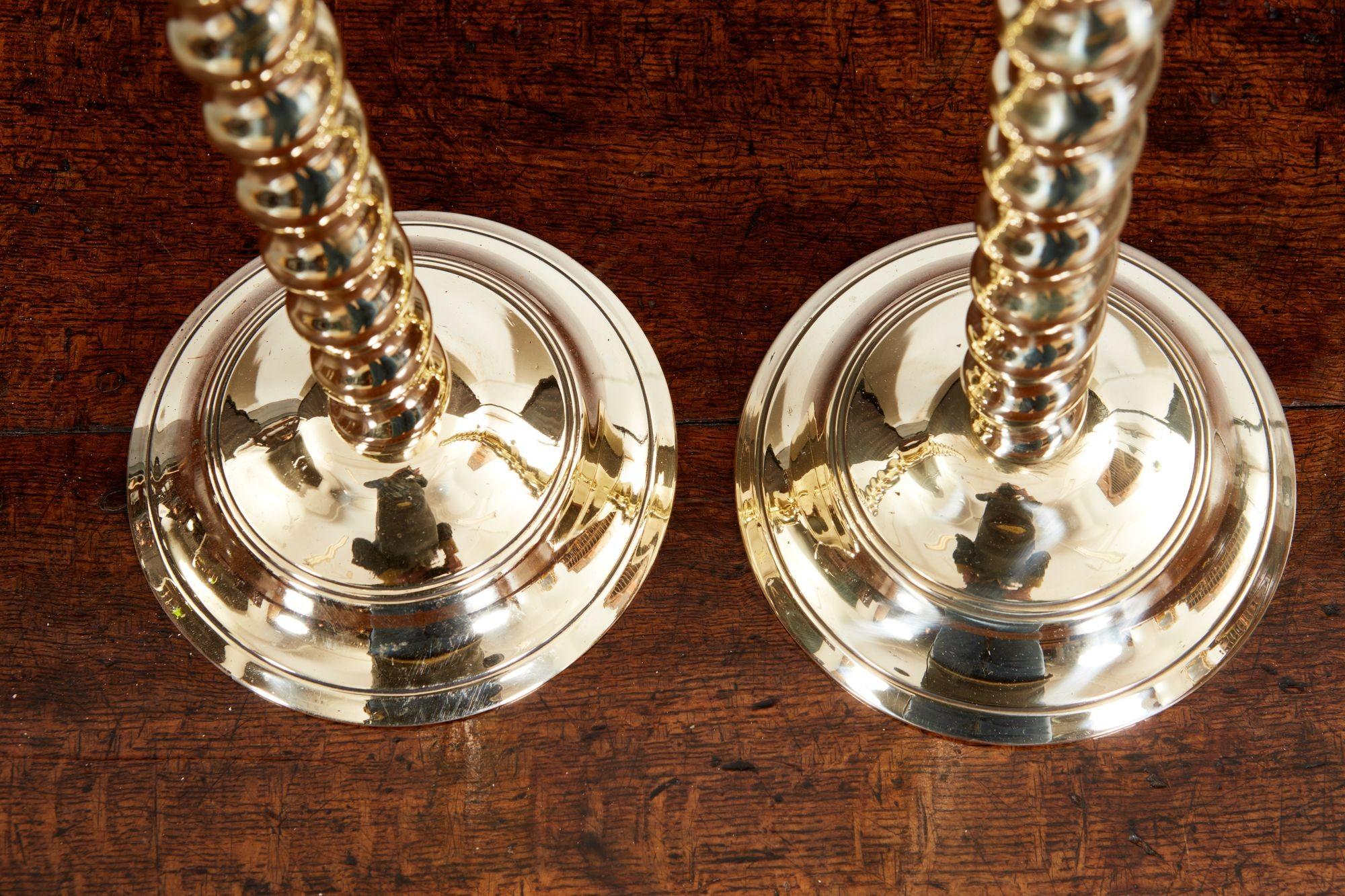 19th Century Pair of Tall Brass Barley Twist Candlesticks For Sale
