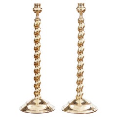 Antique Pair of Tall Brass Barley Twist Candlesticks