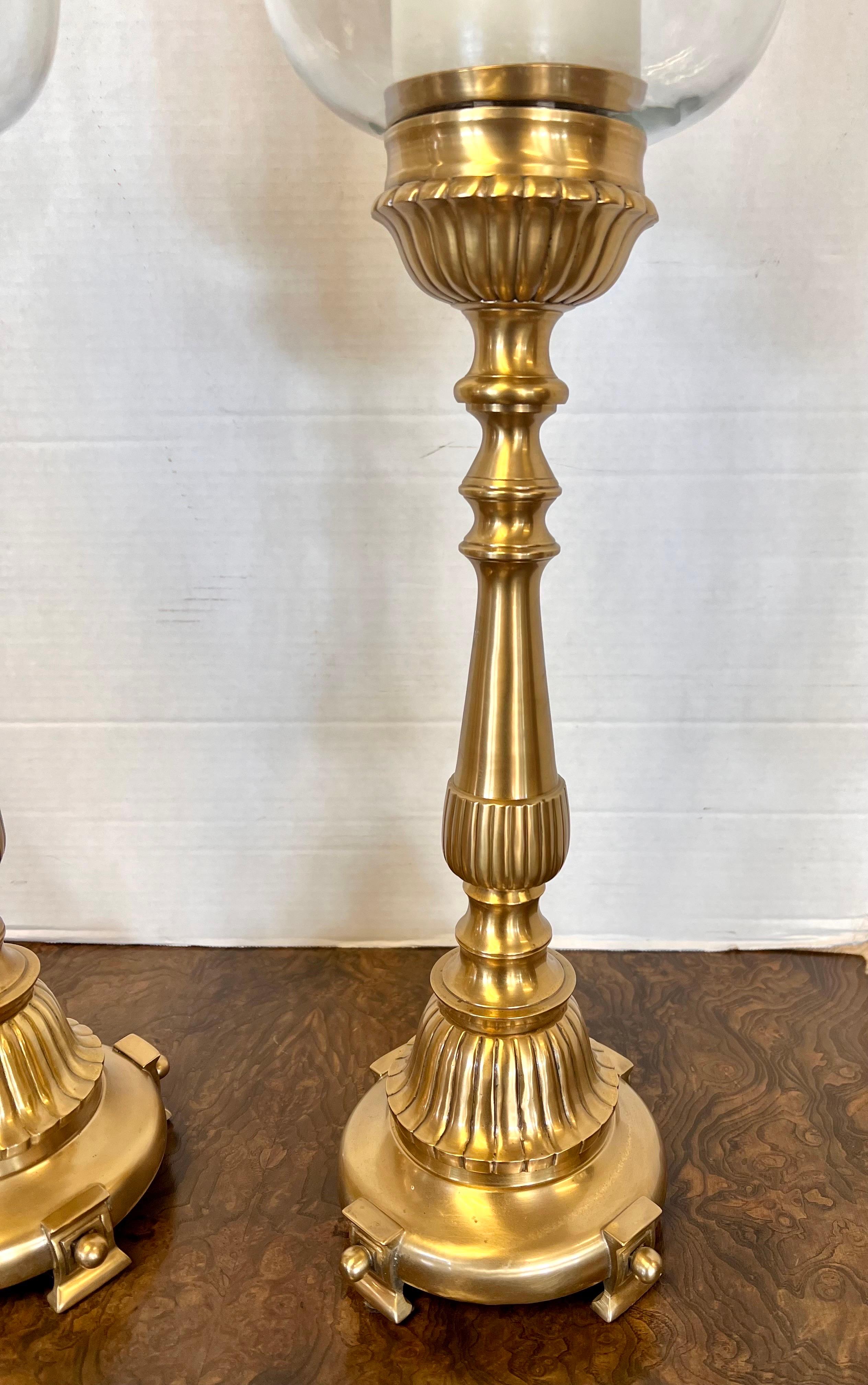 Pair of Tall Brass Candle Holders with Glass Hurricanes In Good Condition In West Hartford, CT