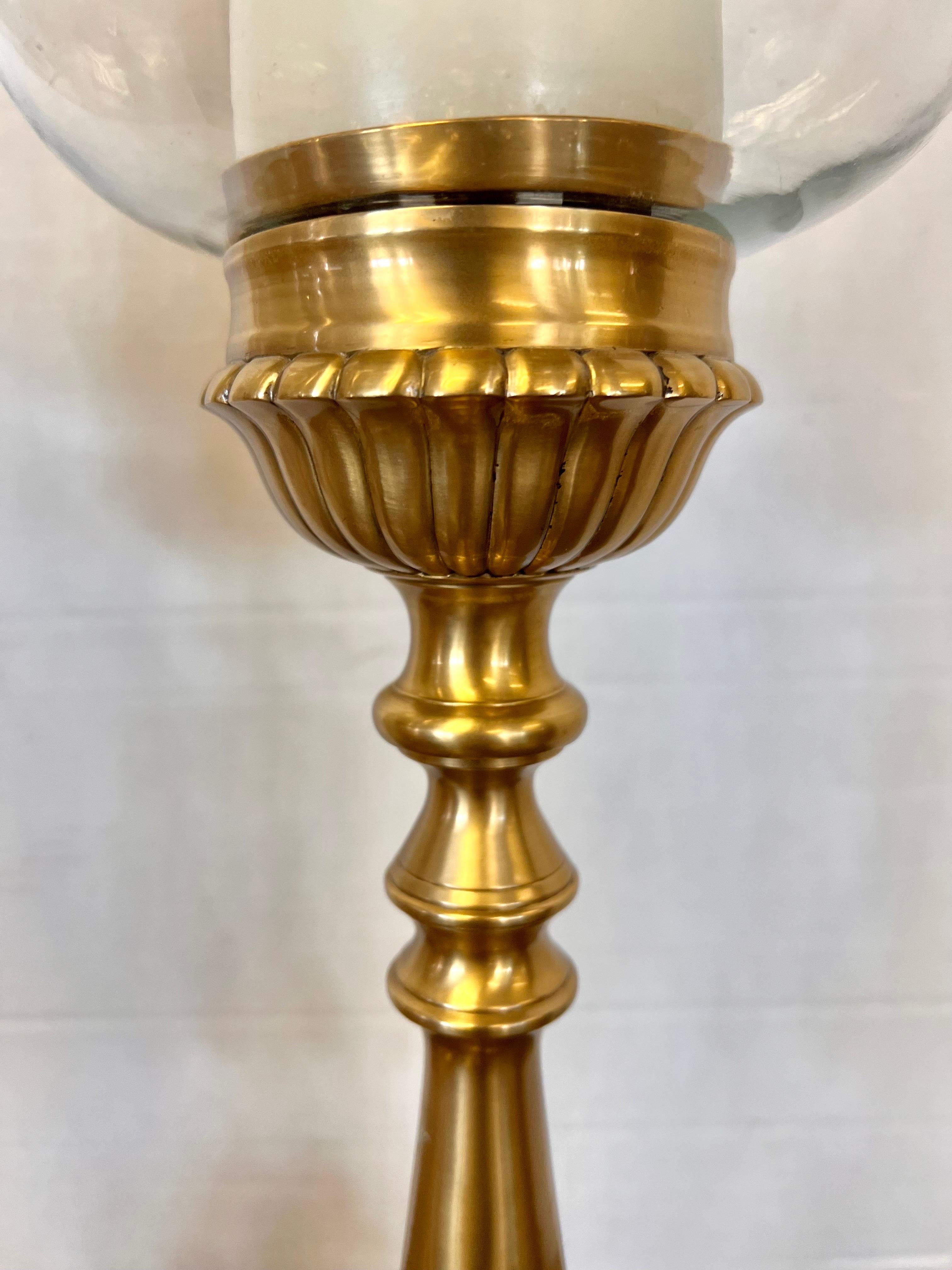 20th Century Pair of Tall Brass Candle Holders with Glass Hurricanes