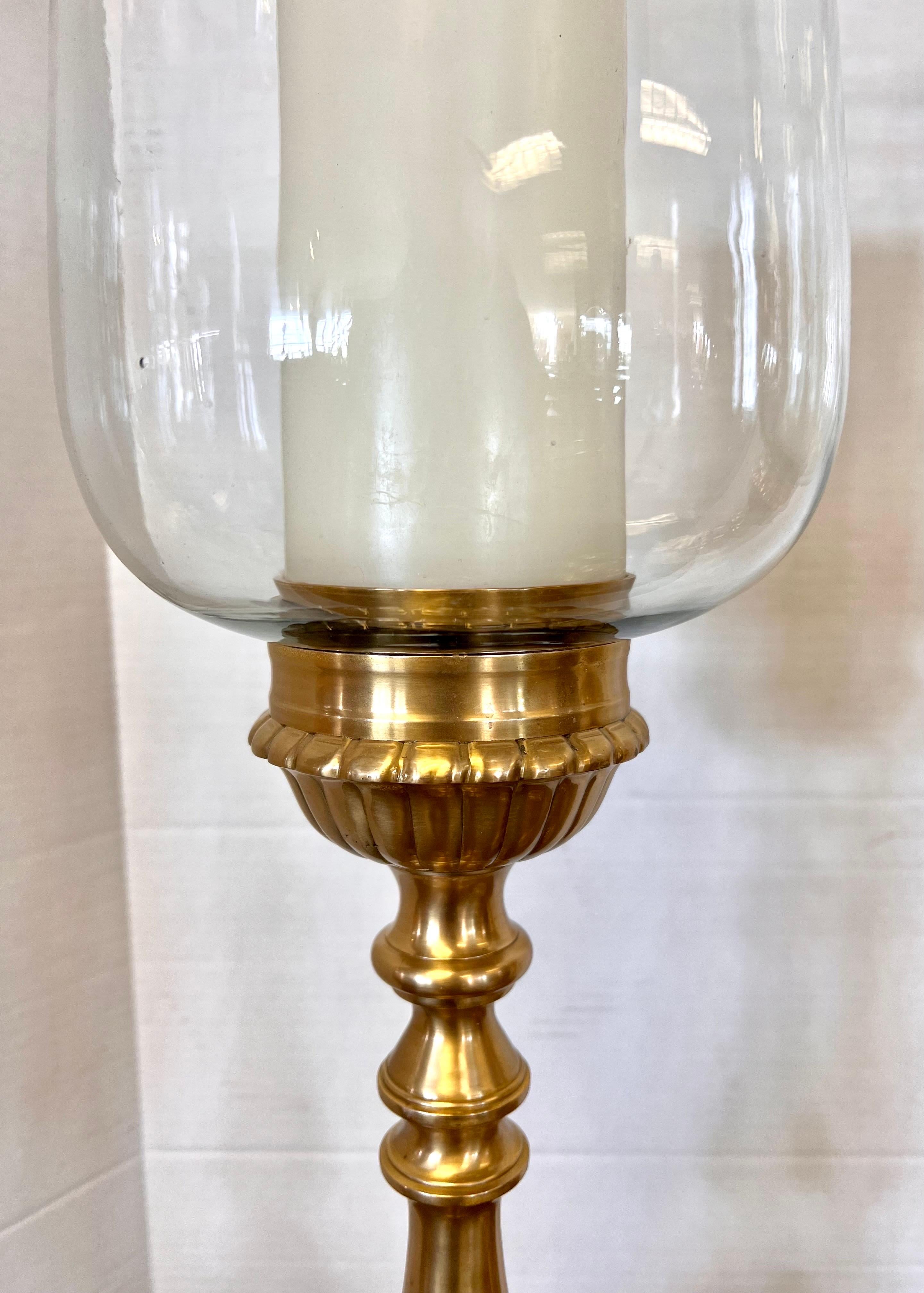 Pair of Tall Brass Candle Holders with Glass Hurricanes 2