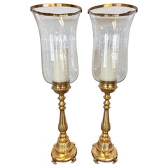 Pair of Tall Brass Candle Holders with Glass Hurricanes