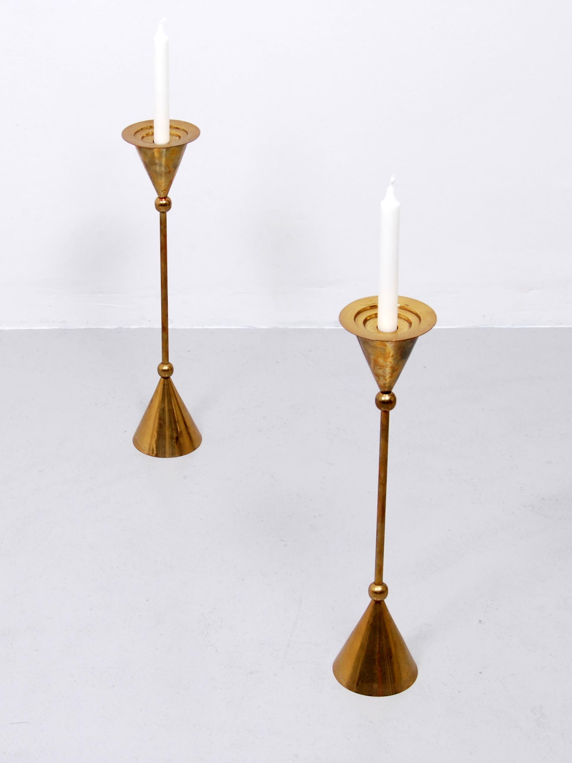 Mid-Century Modern Pair of Tall Brass Floor Candle Holders, 1960s