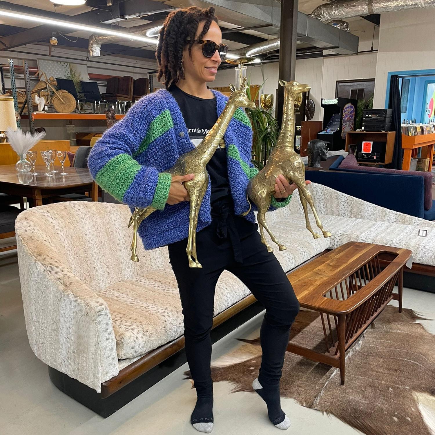 Pair of Tall Brass Giraffe Figurine Sculptures Over 2 Feet For Sale 6