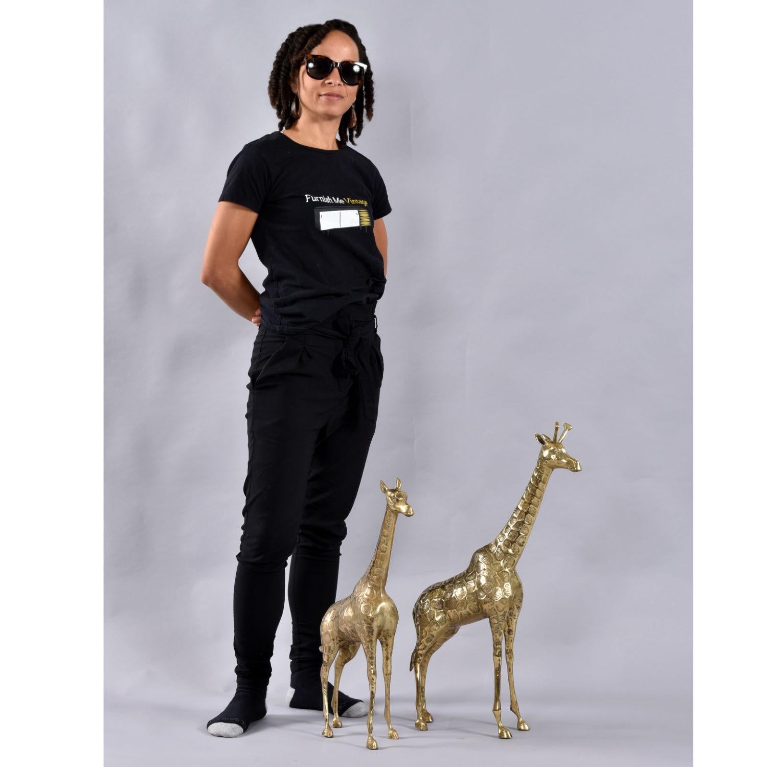 Mid-Century Modern Pair of Tall Brass Giraffe Figurine Sculptures Over 2 Feet For Sale