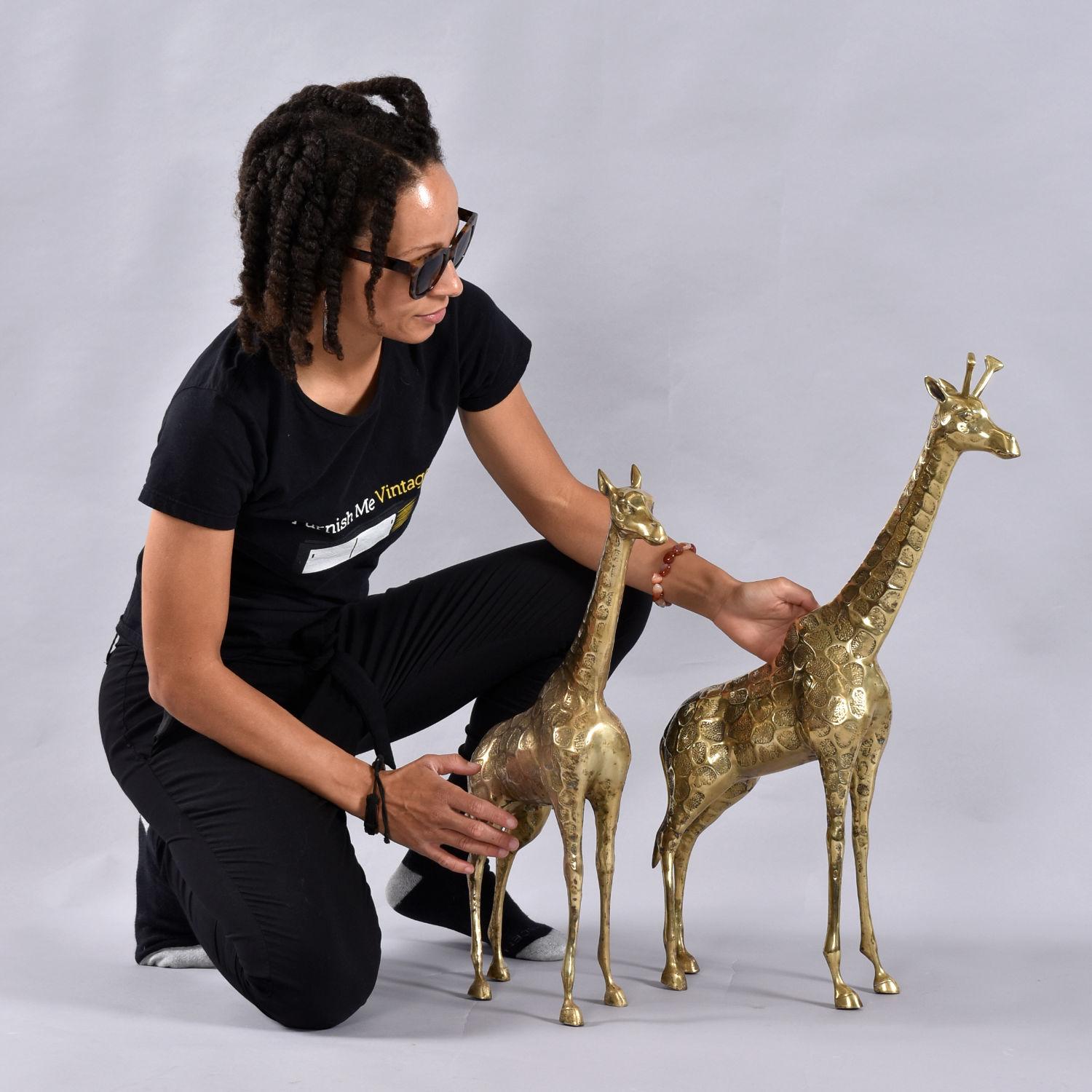 Pair of Tall Brass Giraffe Figurine Sculptures Over 2 Feet In Good Condition For Sale In Chattanooga, TN