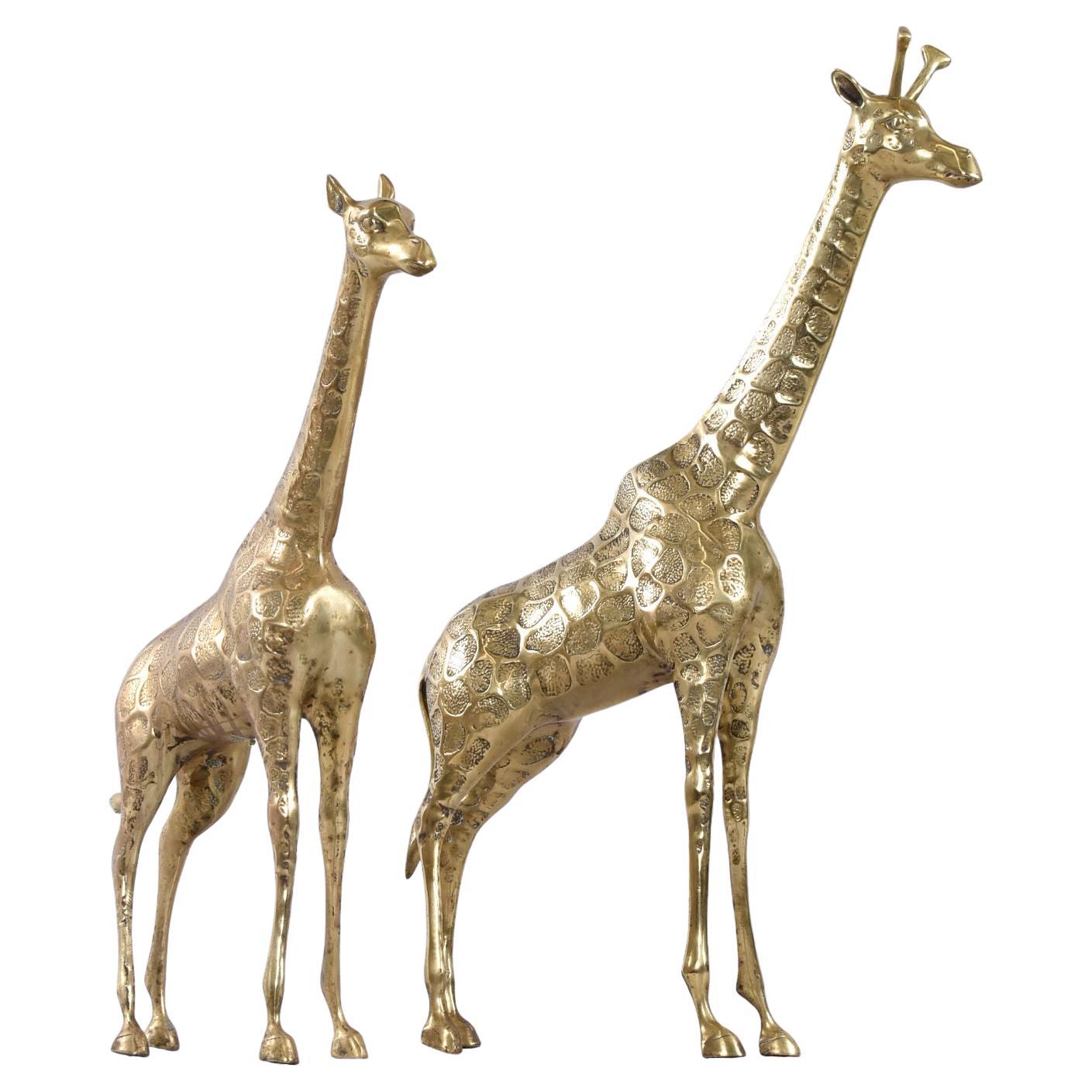 Pair of Tall Brass Giraffe Figurine Sculptures Over 2 Feet