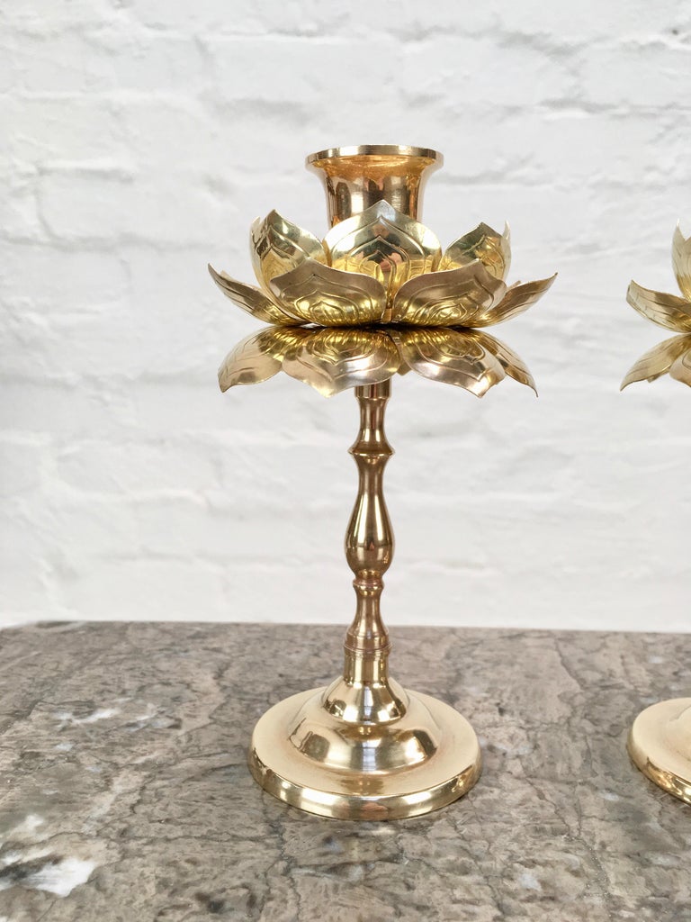 Mid-Century Modern Pair of Tall Brass Lotus Flower Candleholders by Feldman, 1960s For Sale
