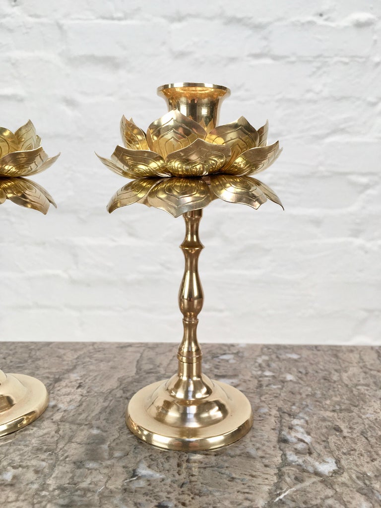 Hong Kong Pair of Tall Brass Lotus Flower Candleholders by Feldman, 1960s For Sale
