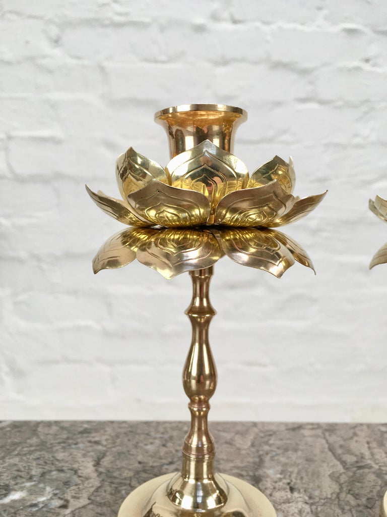 Cast Pair of Tall Brass Lotus Flower Candleholders by Feldman, 1960s For Sale