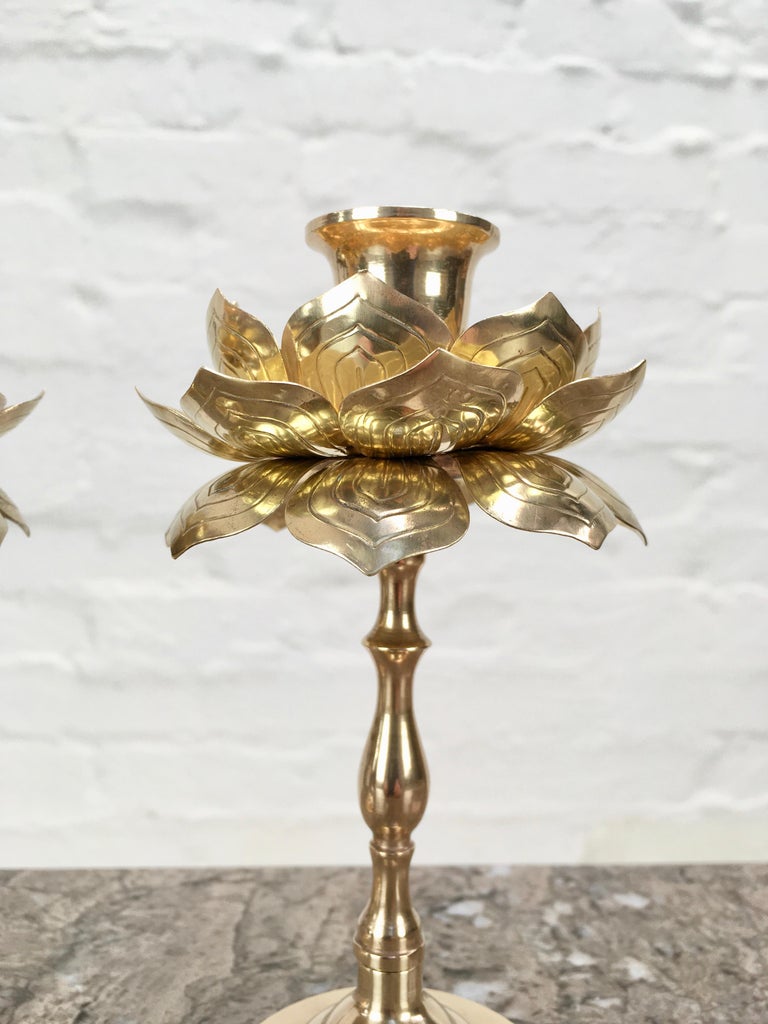 Pair of Tall Brass Lotus Flower Candleholders by Feldman, 1960s In Fair Condition For Sale In Melbourne, AU