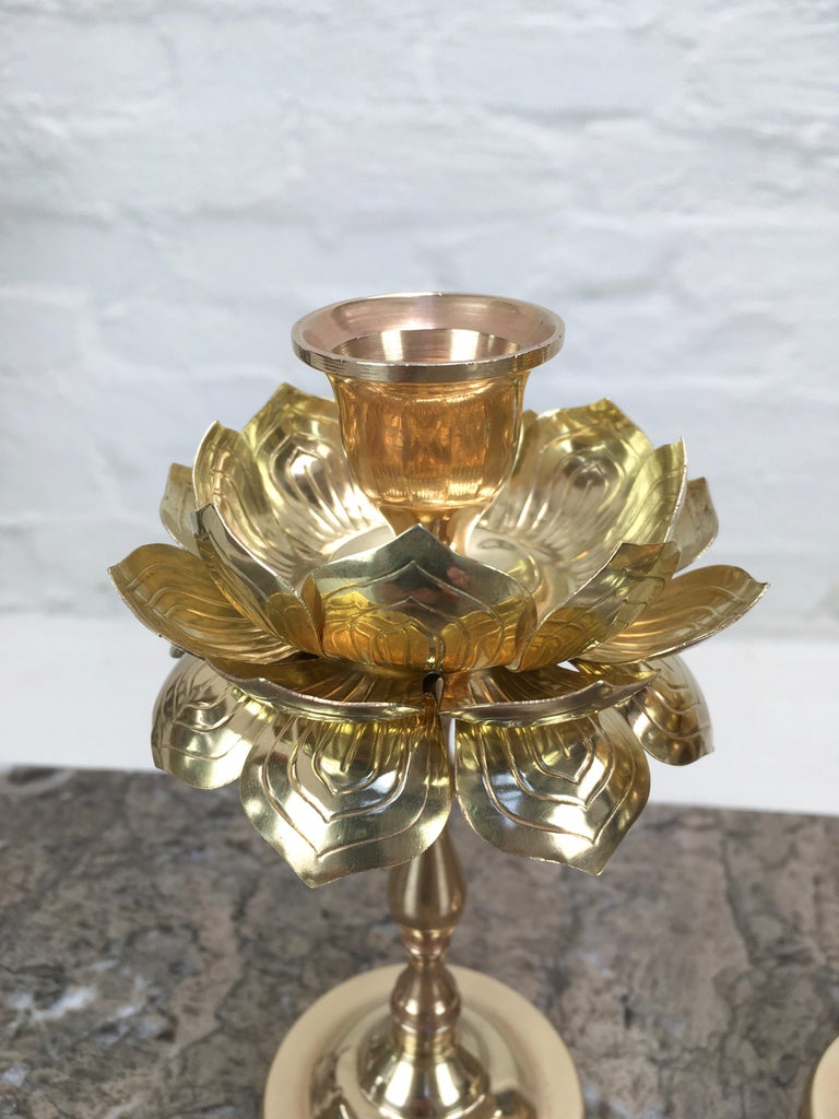 Mid-20th Century Pair of Tall Brass Lotus Flower Candleholders by Feldman, 1960s For Sale