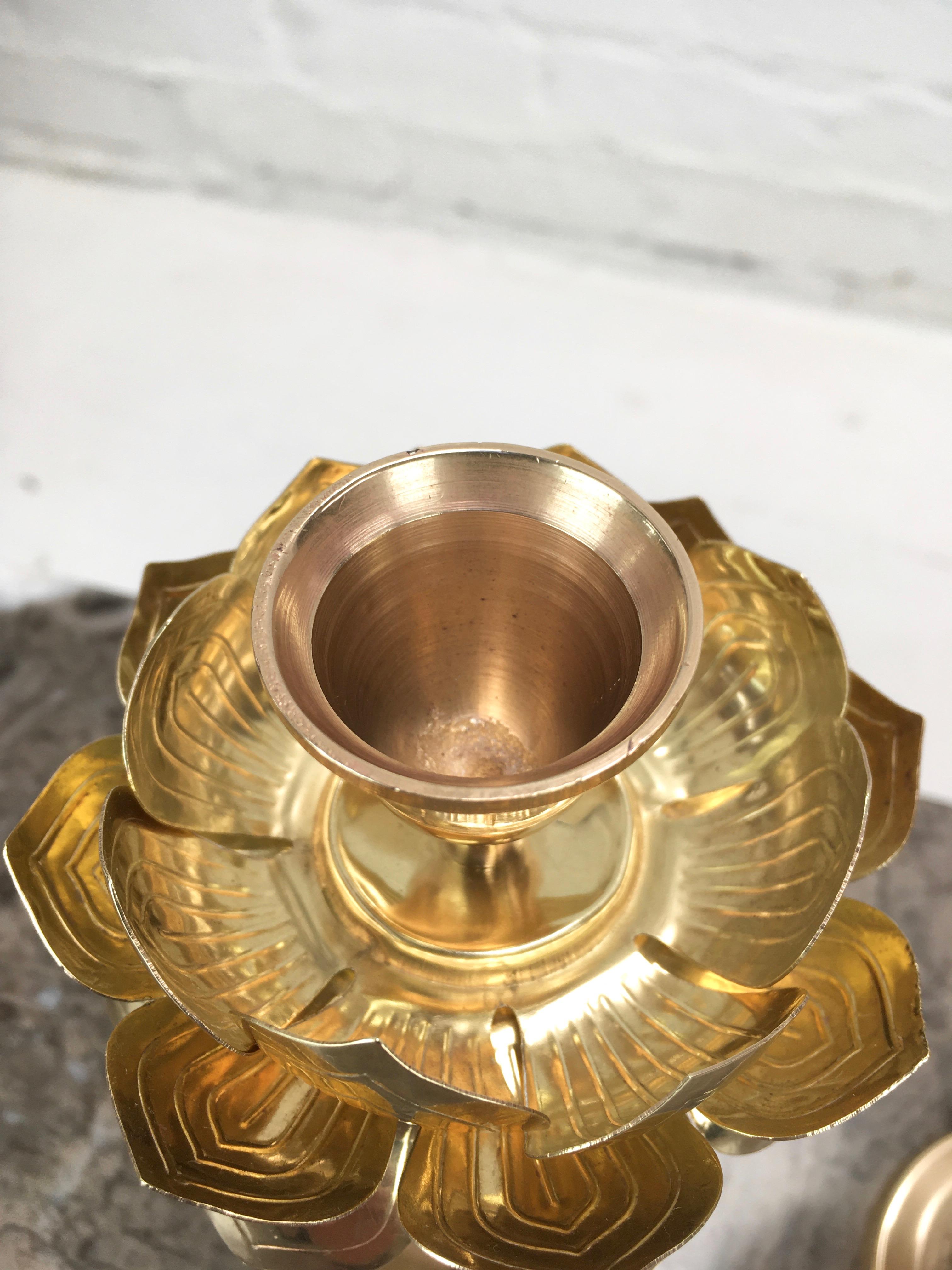 Pair of Tall Brass Lotus Flower Candleholders by Feldman, 1960s In Fair Condition For Sale In Melbourne, AU