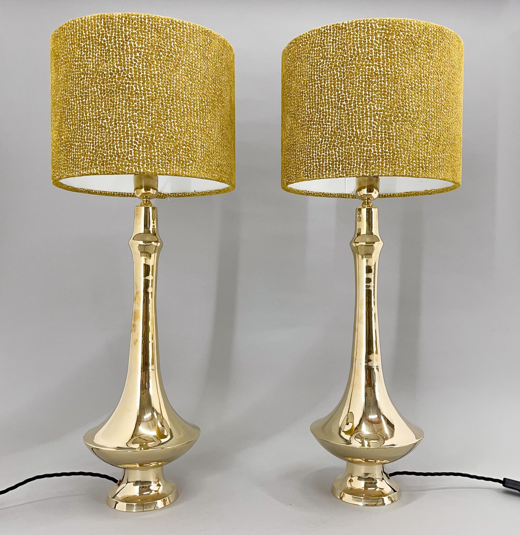 Czech Pair of Tall Brass Table Lamps, 1950s, Restored For Sale
