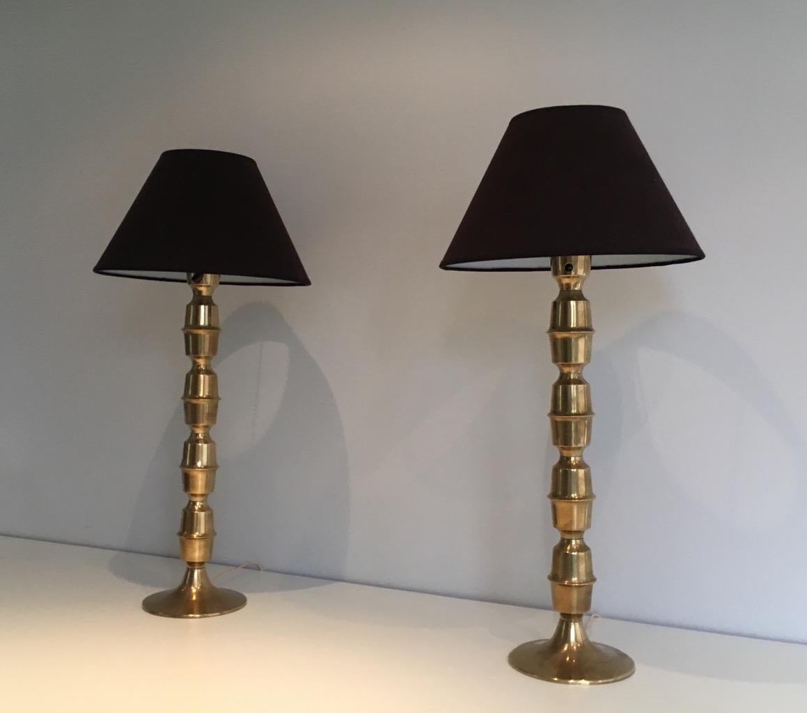 Pair of tall brass table lamps. Circa 1960.