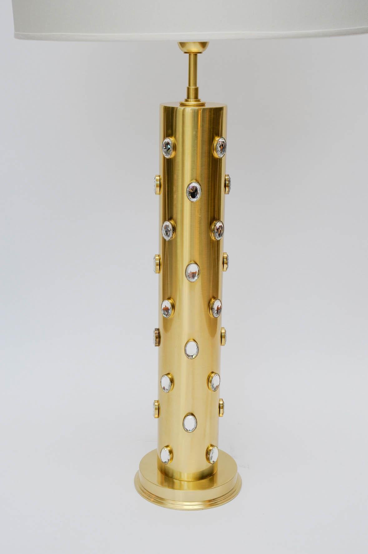 Modern Pair of Tall Brass Table Lamps with Glass Sparkles