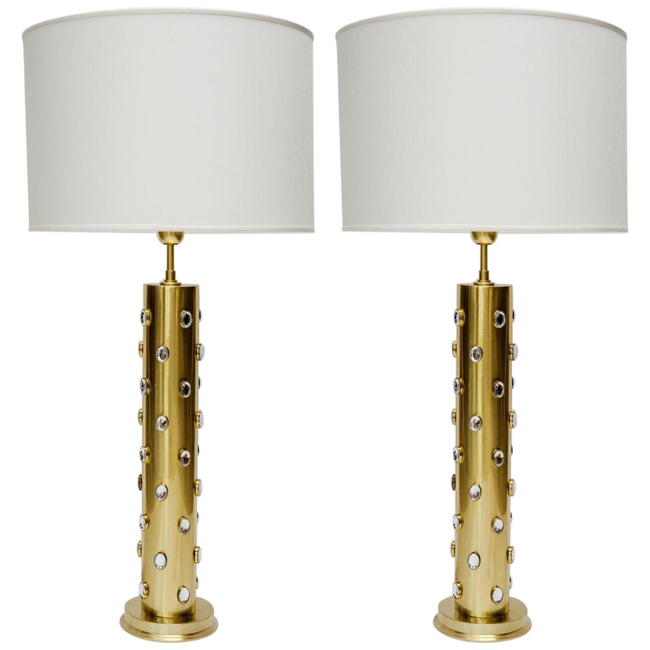 Pair of Tall Brass Table Lamps with Glass Sparkles