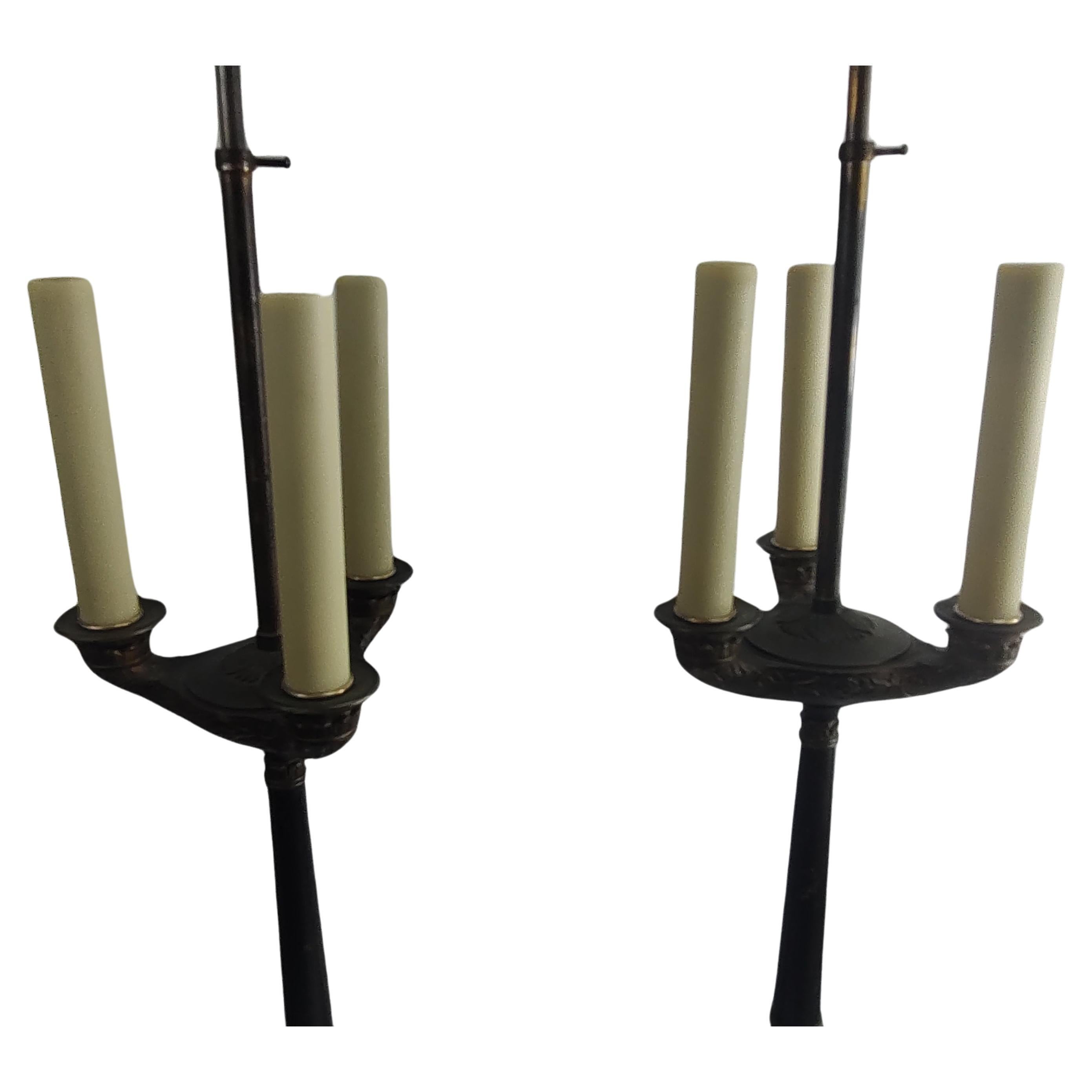Cast Pair of Tall Bronze Egyptian Revival Candelabra Style Table Lamps C1900 For Sale