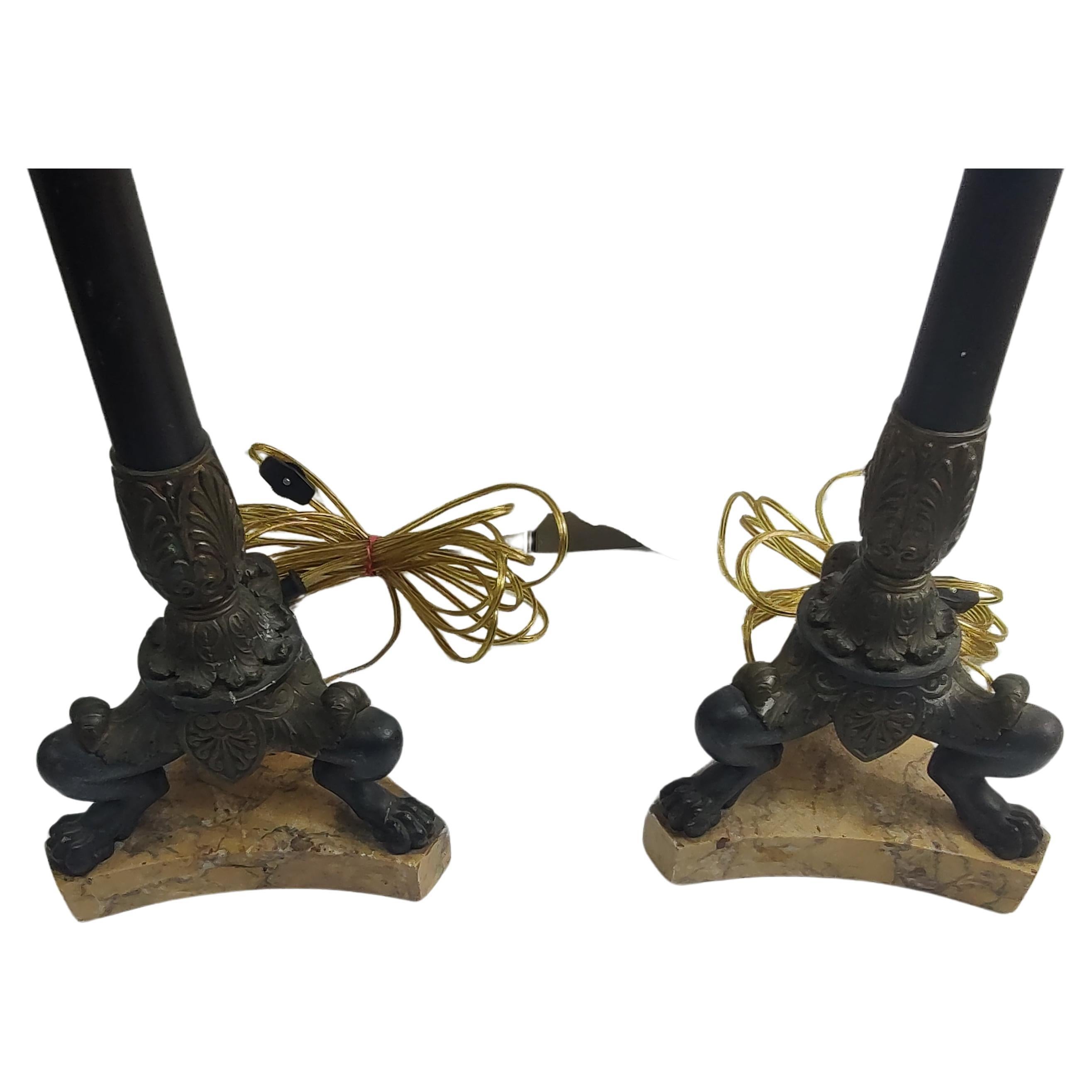 Brass Pair of Tall Bronze Egyptian Revival Candelabra Style Table Lamps C1900 For Sale