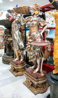 Pair of Tall Bronze Lifesize Painted Venetian Sculptures with Birds and Conchs