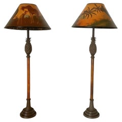 Pair of Tall Bronze Pineapple Lamps with Hand-Painted Animal Scene Shades