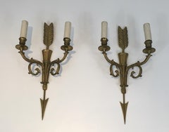 Pair of Tall Bronze Sconces with Quiver, Arrow and Eagleheads. Circa 1920