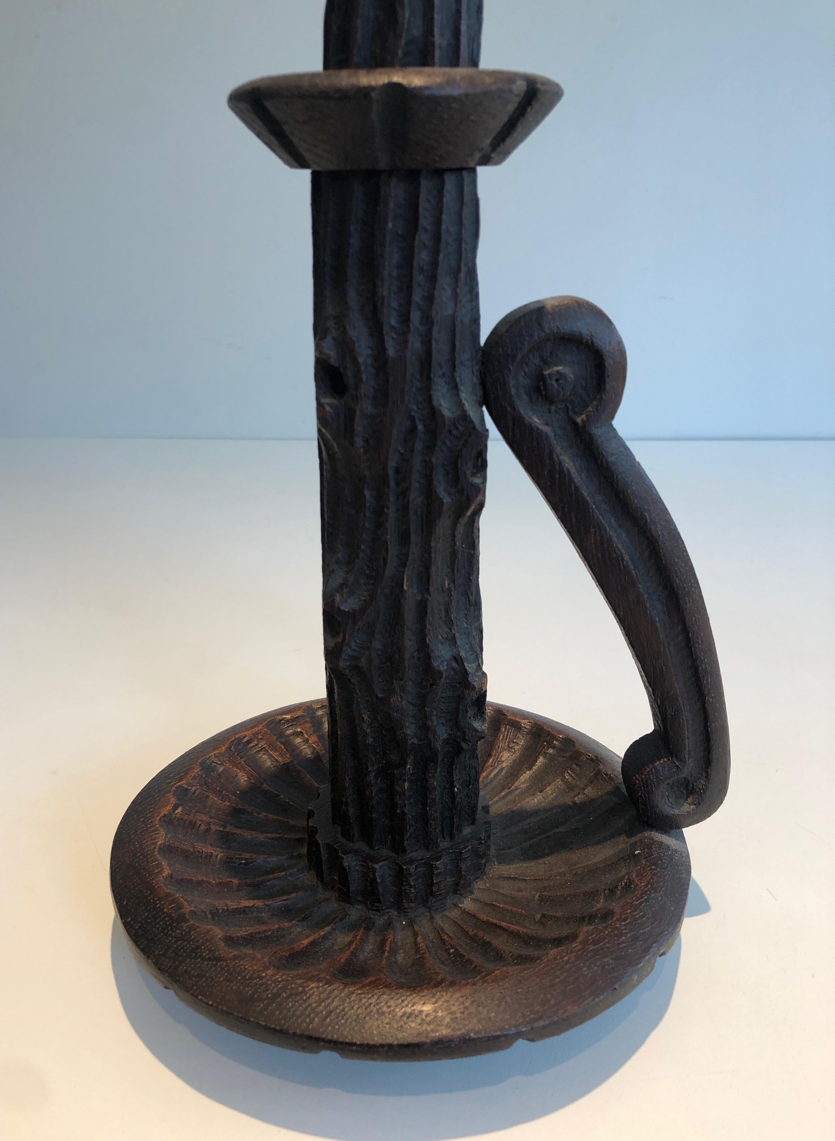 Pair of Tall Brutalist Candle Holders Made of Carved Wood, French, circa 1950 For Sale 6