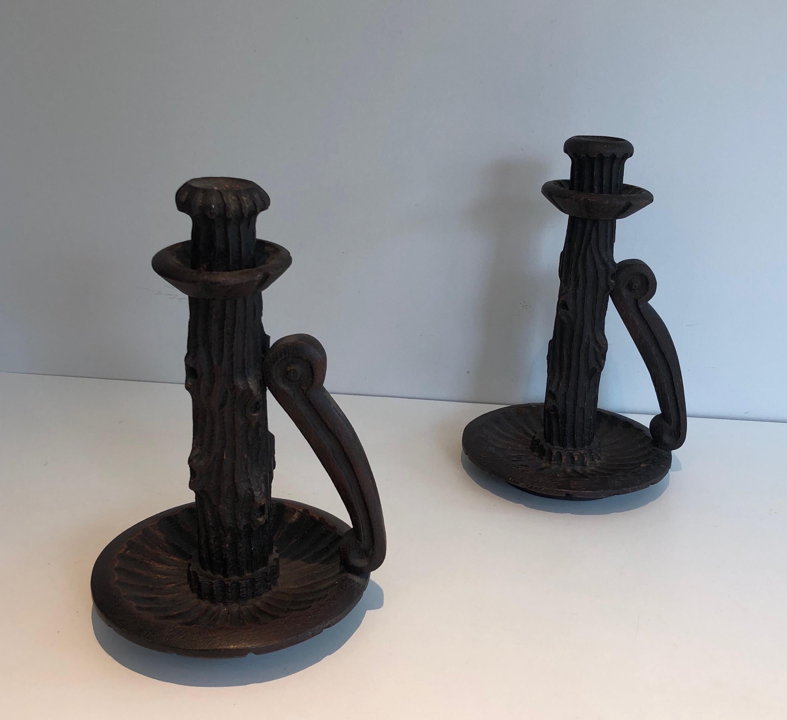 Pair of Tall Brutalist Candle Holders Made of Carved Wood, French, circa 1950 For Sale 8