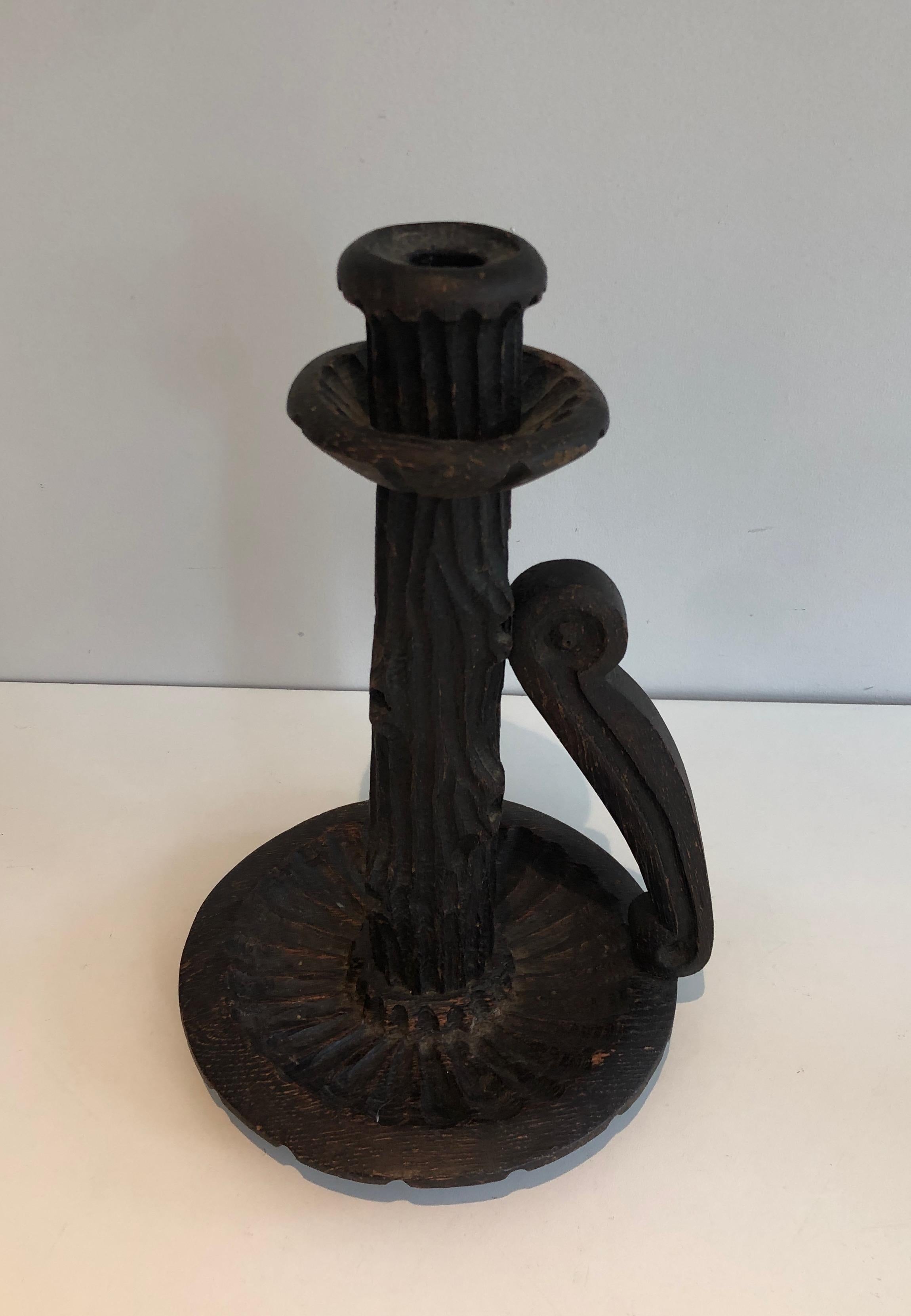Pair of Tall Brutalist Candle Holders Made of Carved Wood, French, circa 1950 For Sale 9