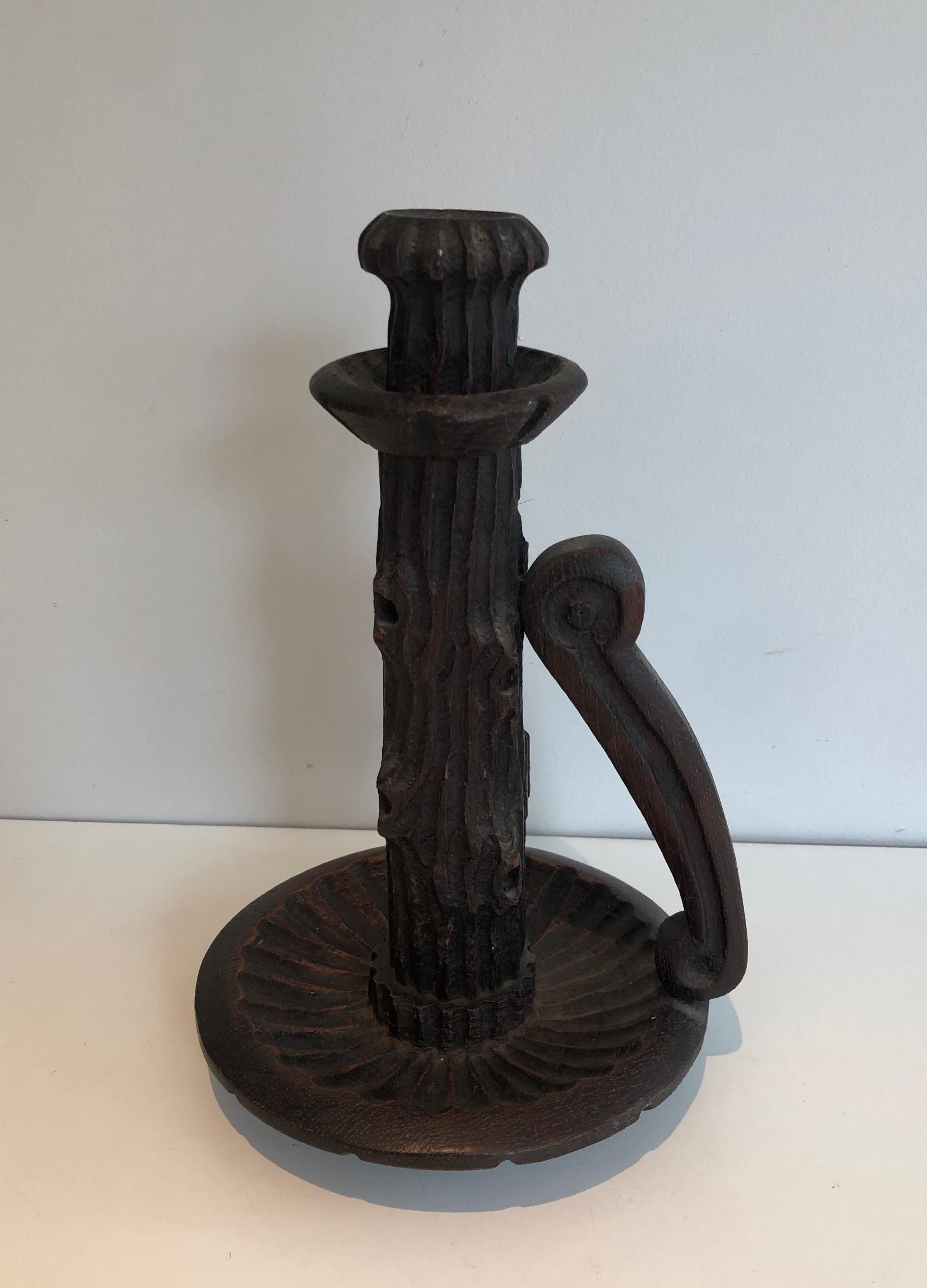 Pair of Tall Brutalist Candle Holders Made of Carved Wood, French, circa 1950 For Sale 10