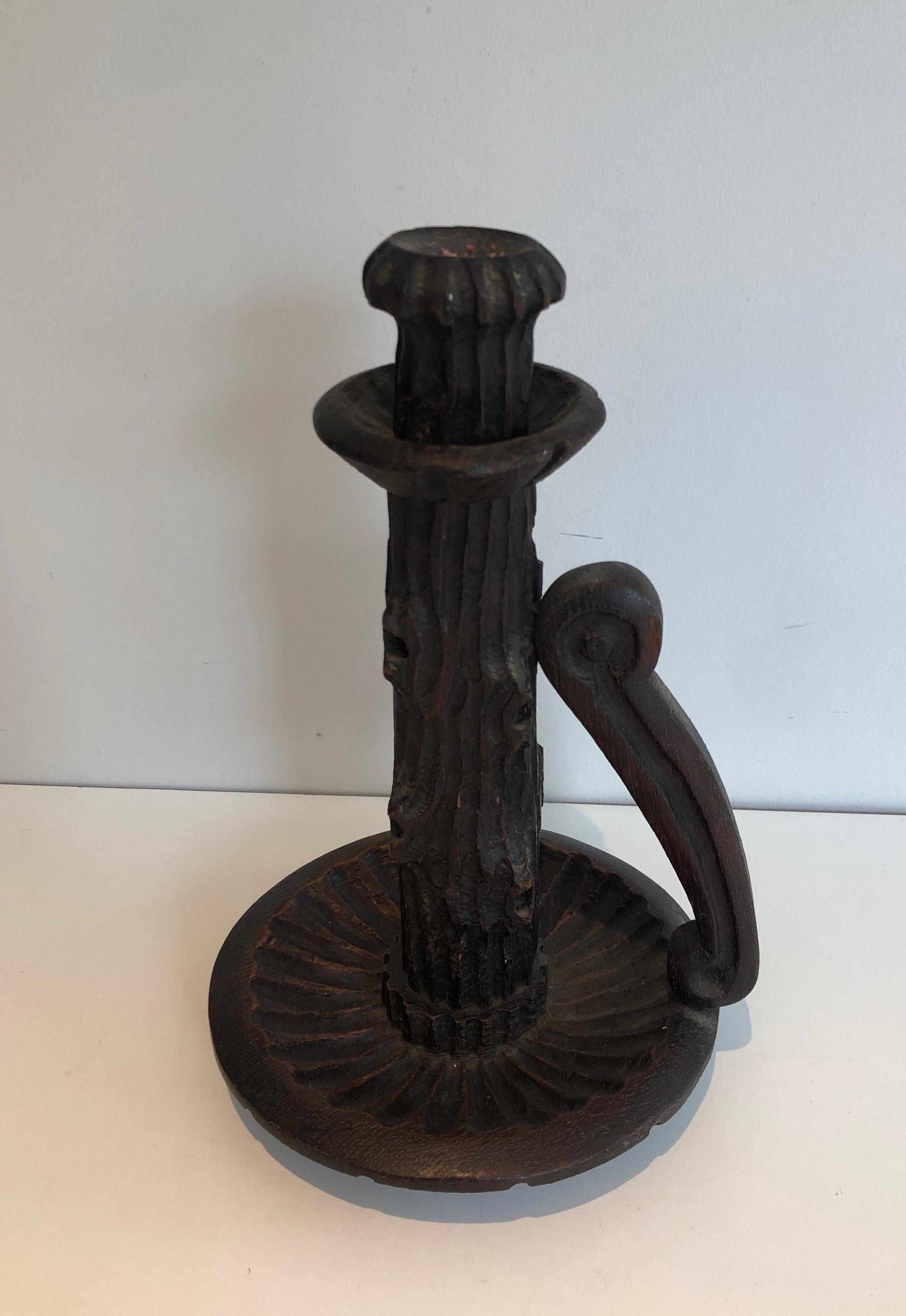 Pair of Tall Brutalist Candle Holders Made of Carved Wood, French, circa 1950 For Sale 11
