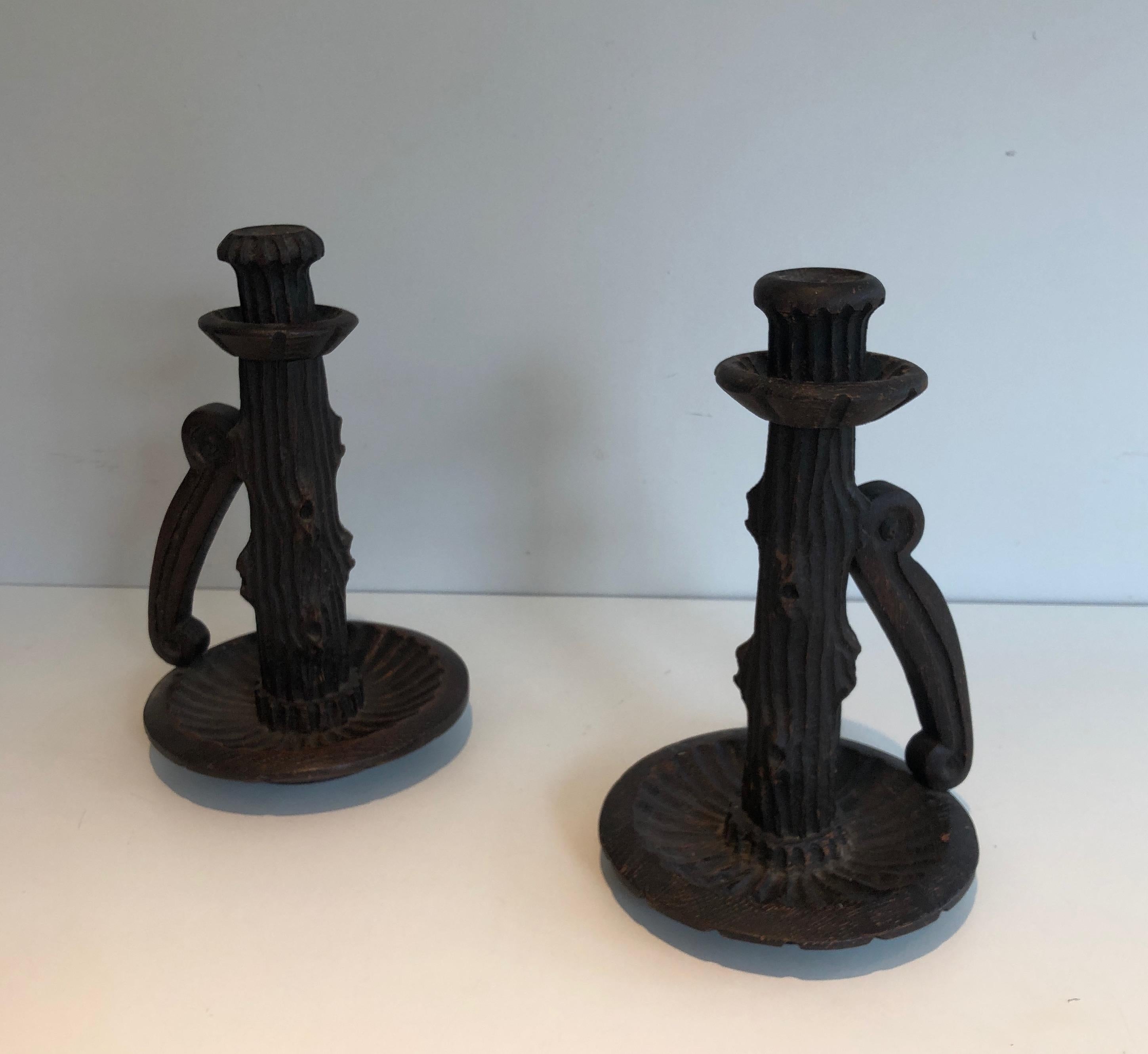 Pair of Tall Brutalist Candle Holders Made of Carved Wood, French, circa 1950 For Sale 15