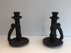 Pair of Tall Brutalist Candle Holders Made of Carved Wood, French, circa 1950