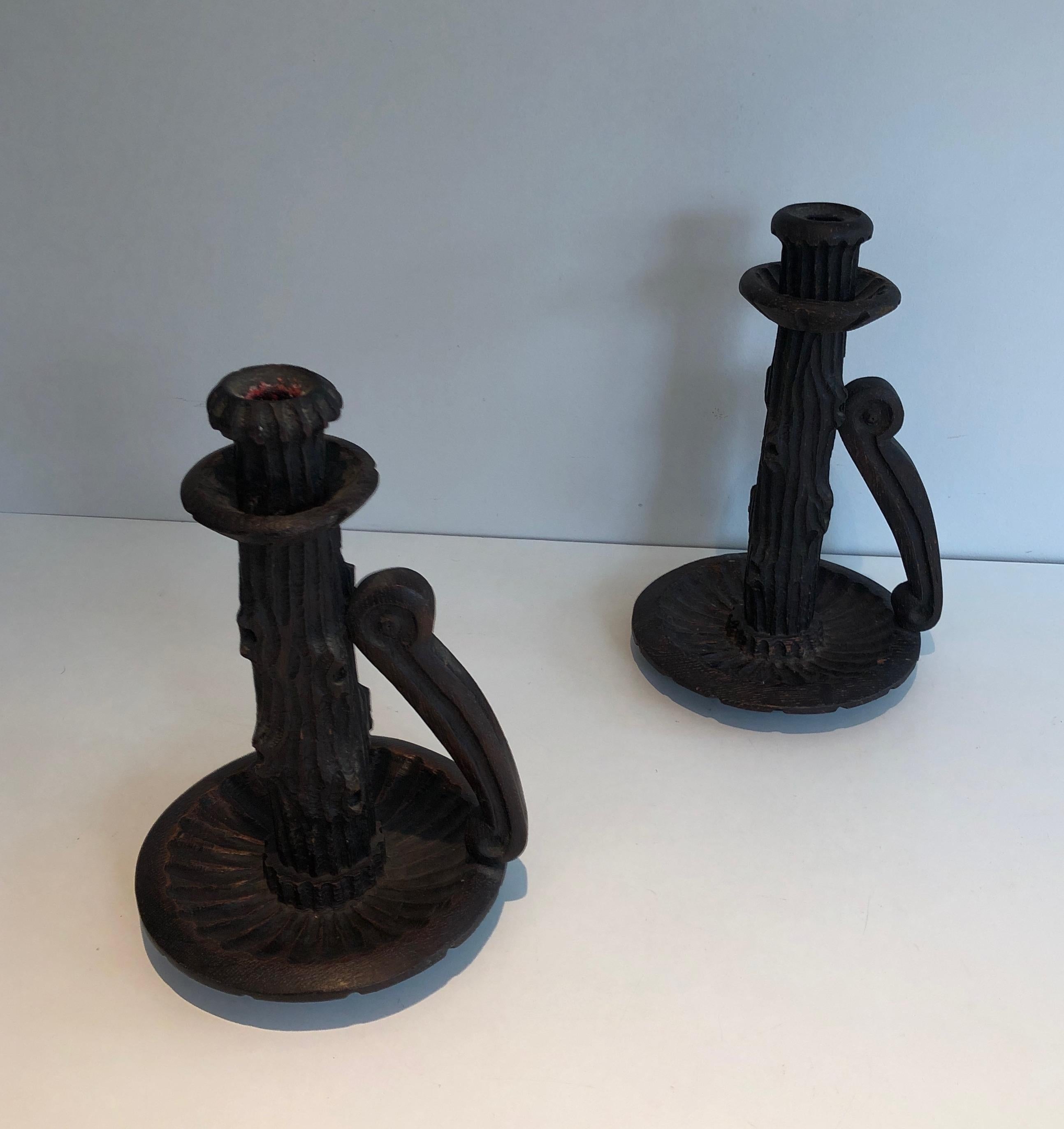 Pair of Tall Brutalist Candle Holders Made of Carved Wood, French, circa 1950 For Sale 16