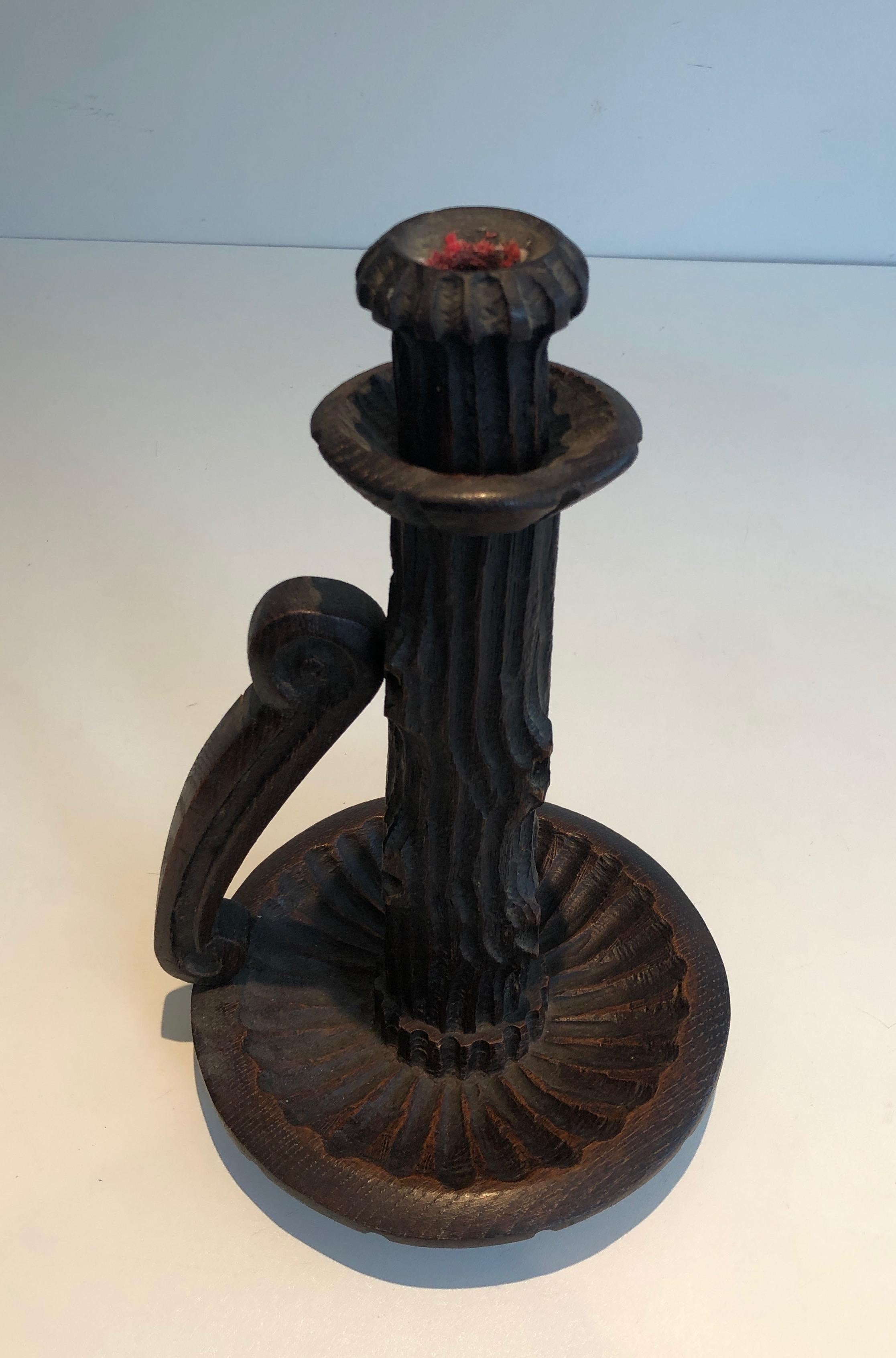 Mid-20th Century Pair of Tall Brutalist Candle Holders Made of Carved Wood, French, circa 1950 For Sale