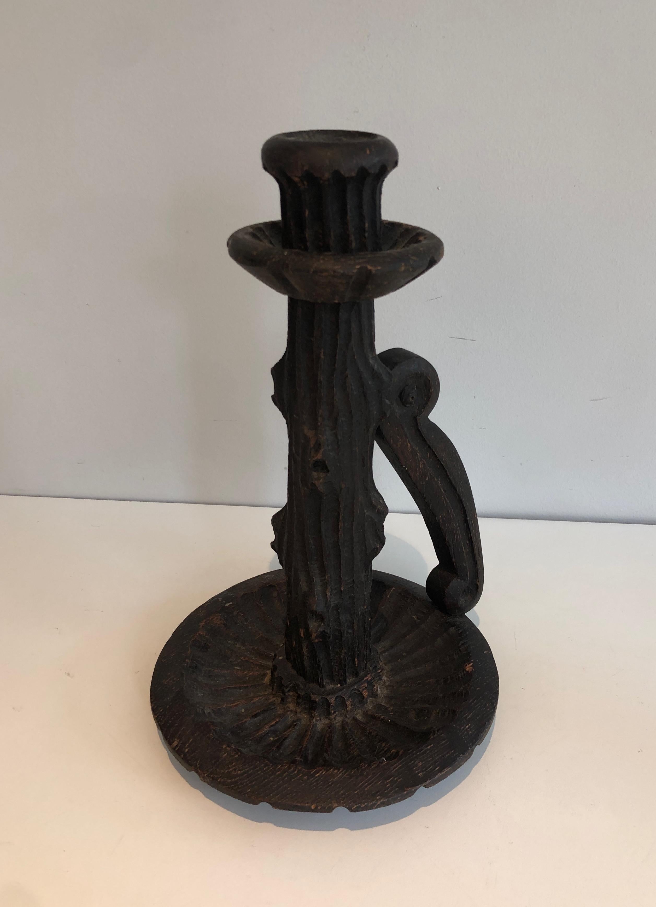 Pair of Tall Brutalist Candle Holders Made of Carved Wood, French, circa 1950 For Sale 1