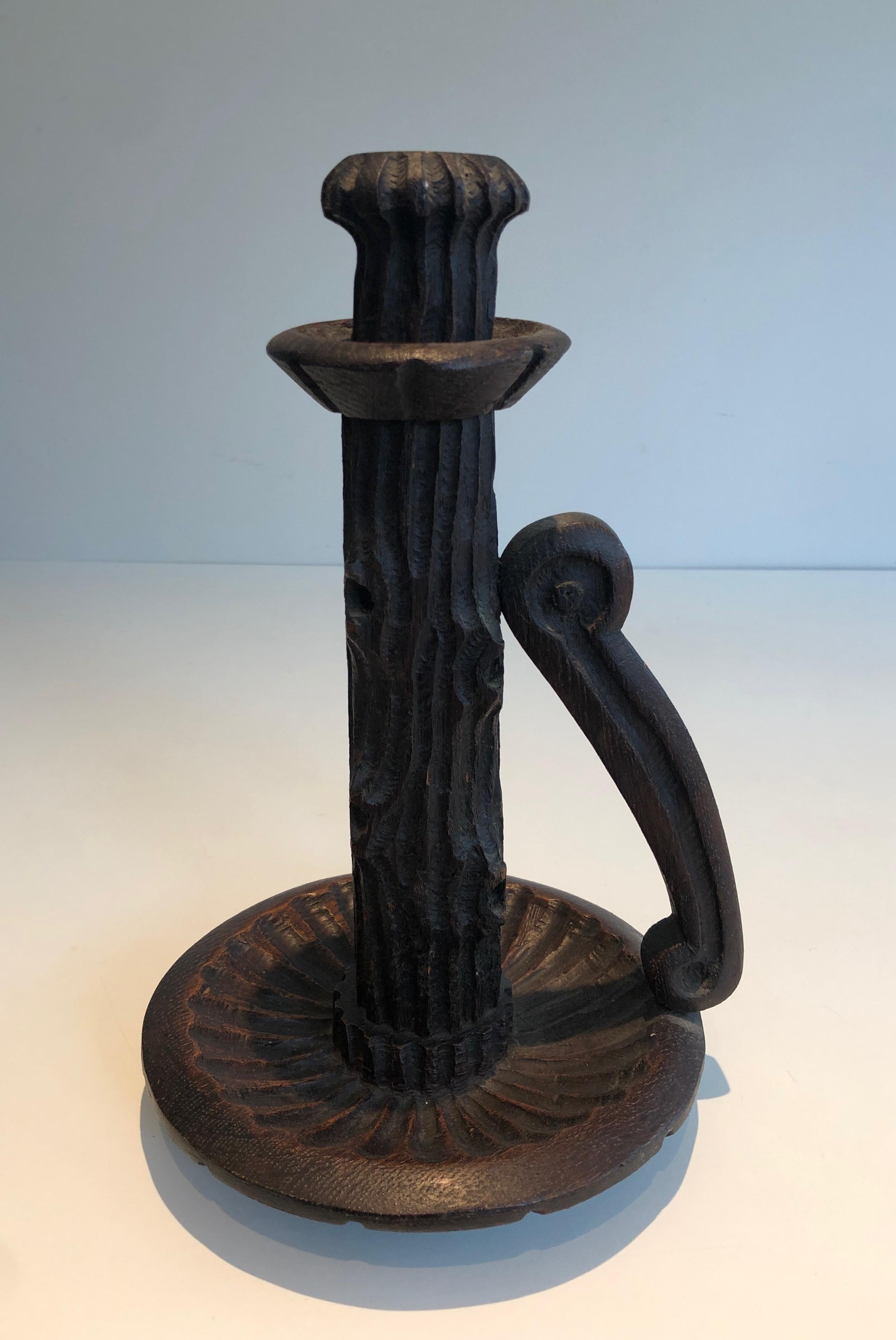 Pair of Tall Brutalist Candle Holders Made of Carved Wood, French, circa 1950 For Sale 2