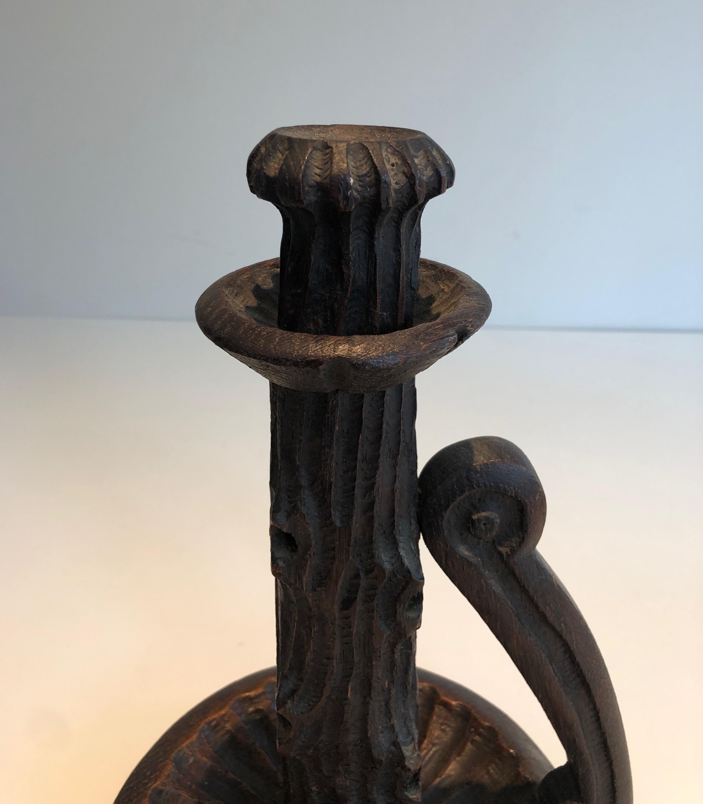Pair of Tall Brutalist Candle Holders Made of Carved Wood, French, circa 1950 For Sale 4