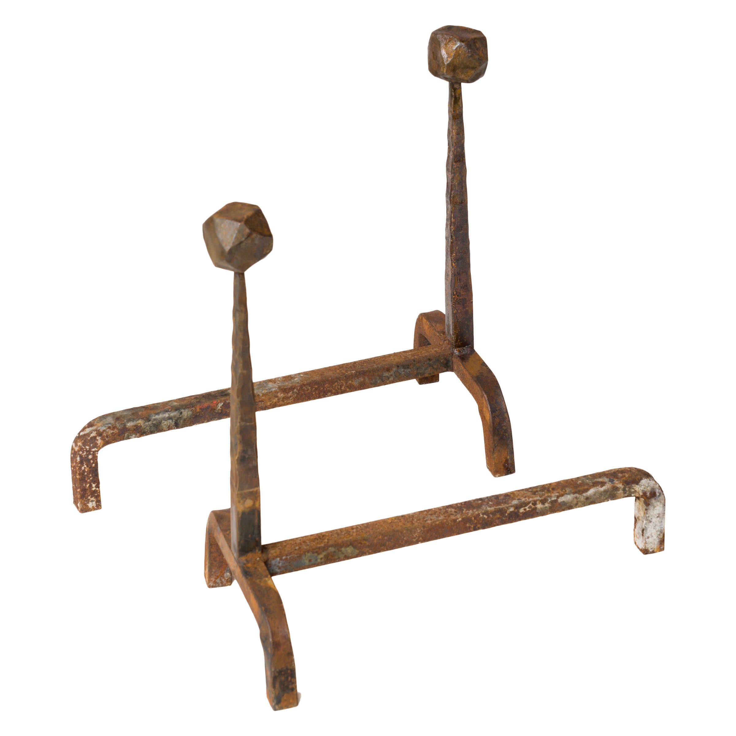 Pair of Tall Brutalist "Martelé" Wrought Iron Andirons - France 1970s