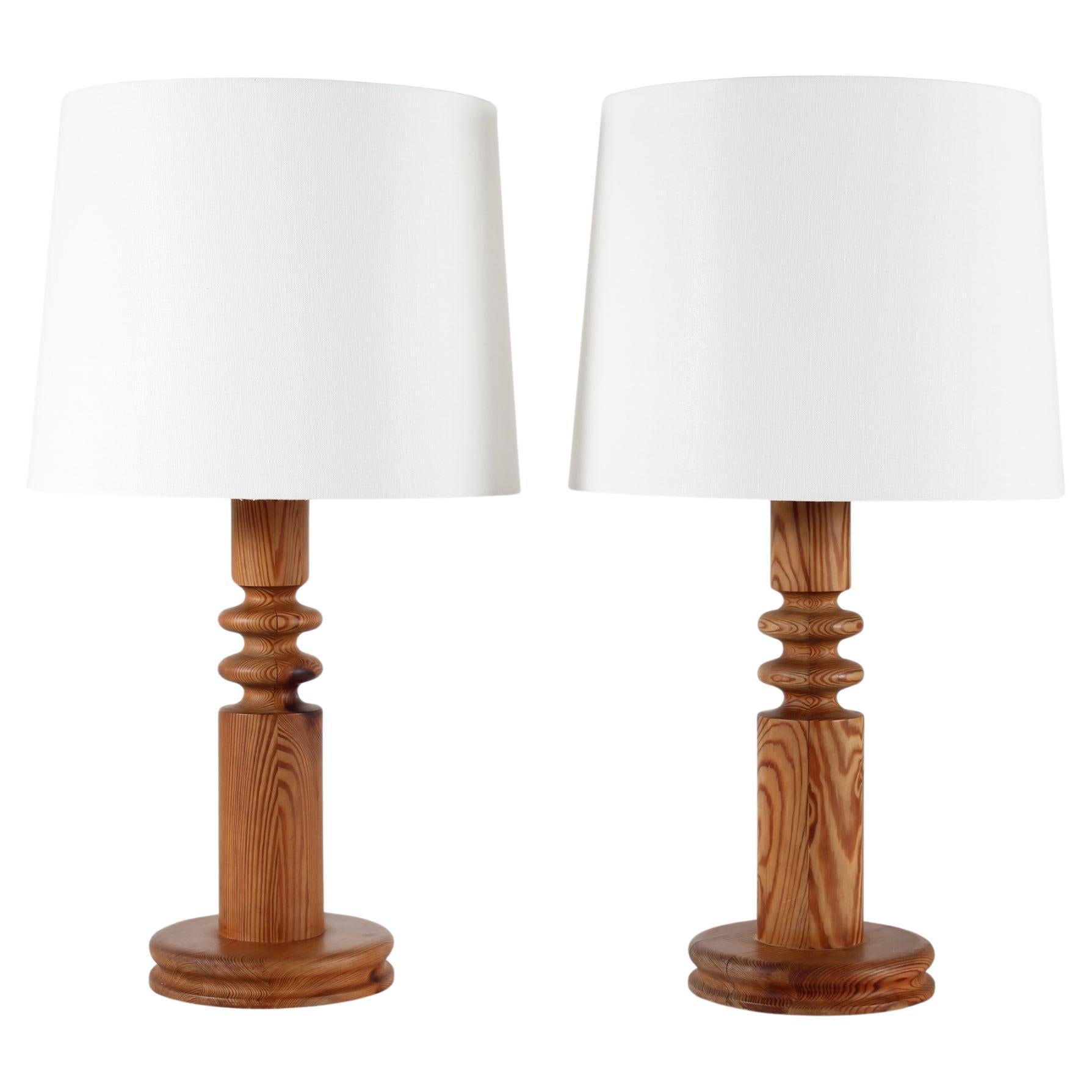 Pair of Tall Brutalist Uno Kristiansson Table Lamps of Pine by Luxus Sweden 1970