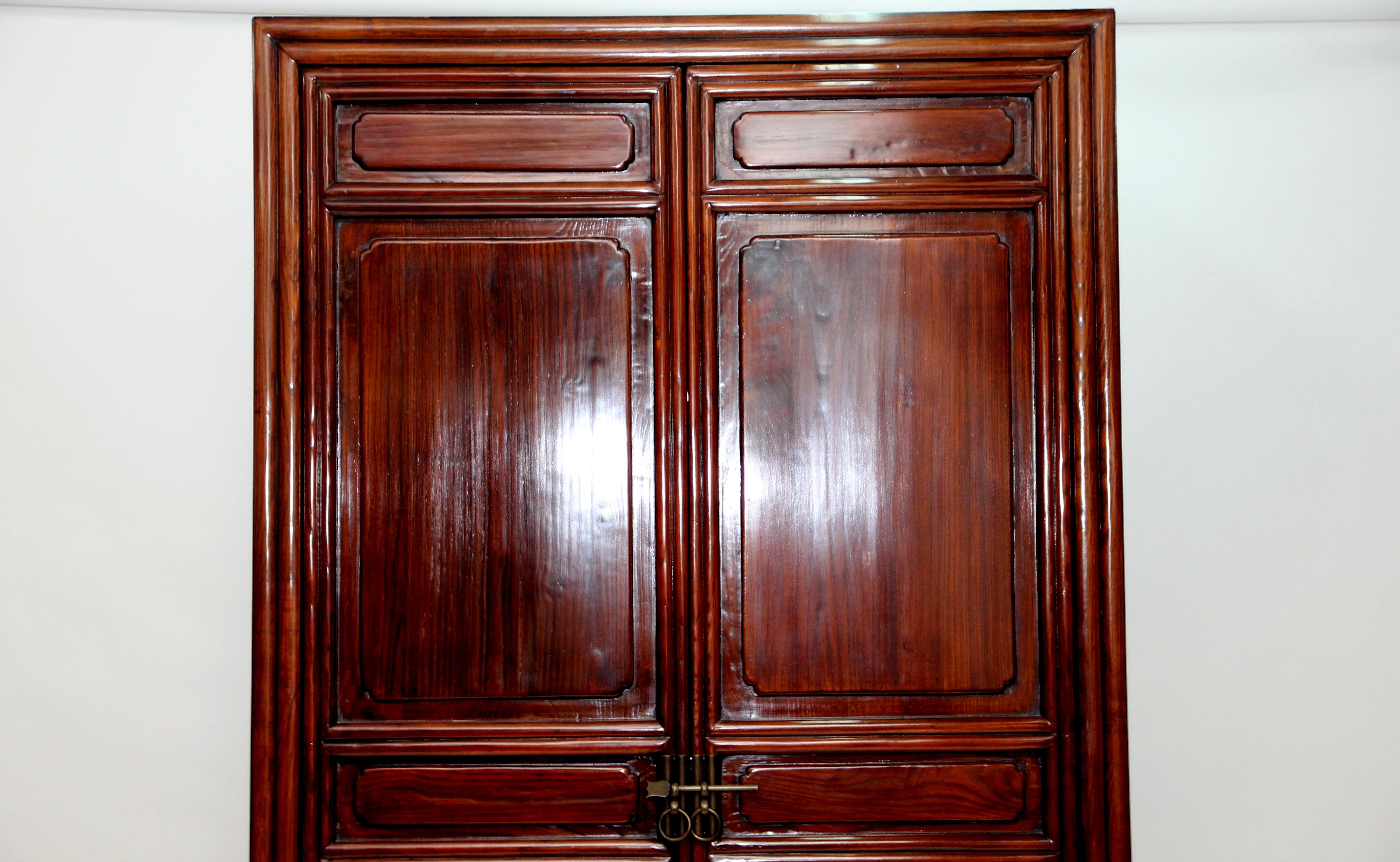 Elm Pair of Tall Cabinets with Square Corners and Carved with Lipped Moulding For Sale