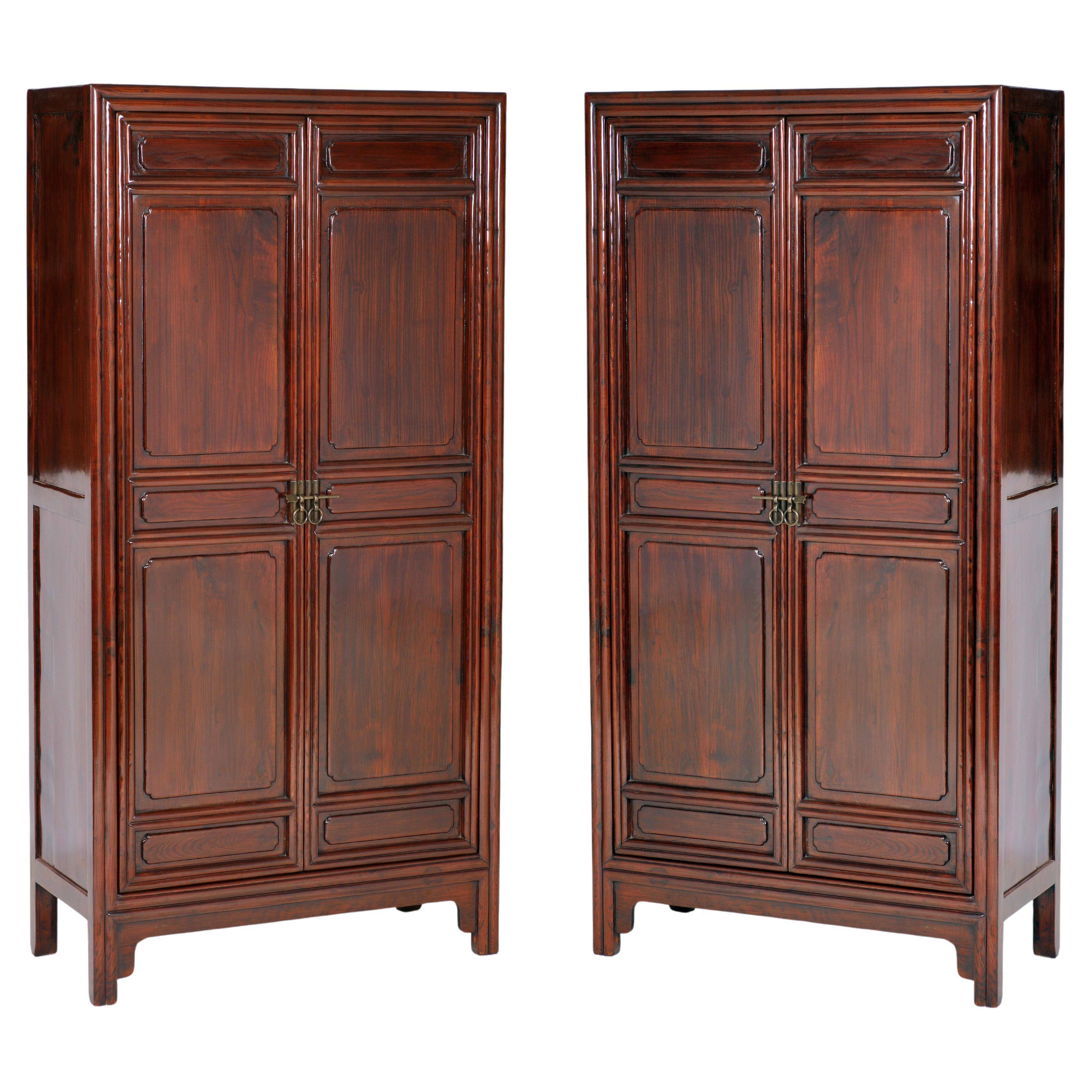 Pair of Tall Cabinets with Square Corners and Carved with Lipped Moulding For Sale