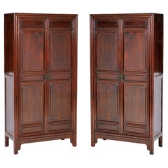 Retro Pair of Tall Cabinets with Square Corners and Carved with Lipped Moulding
