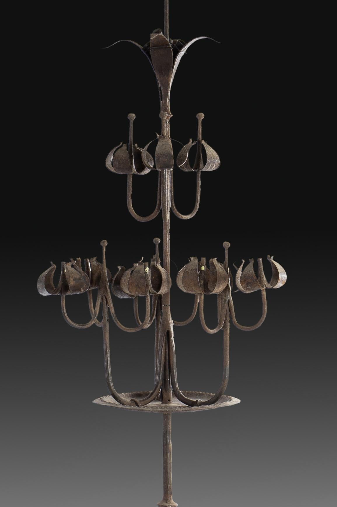 Gothic Revival Pair of Tall Candelabra O Candelabrum, Neogothic Style, Wrought Iron, Spain For Sale