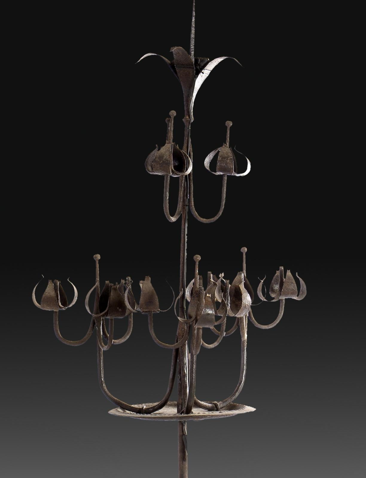 Spanish Pair of Tall Candelabra O Candelabrum, Neogothic Style, Wrought Iron, Spain For Sale