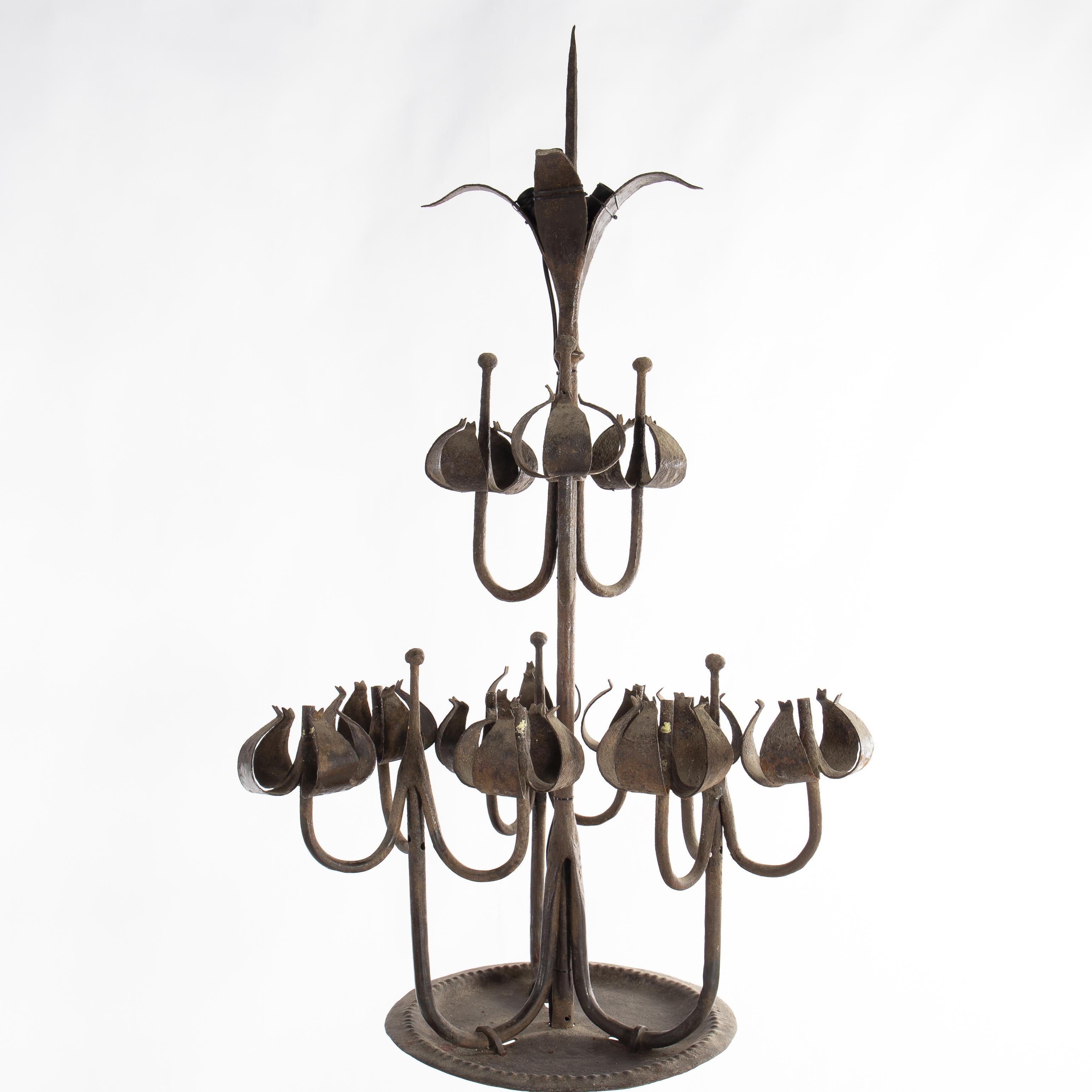 Pair of Tall Candelabra O Candelabrum, Neogothic Style, Wrought Iron, Spain In Fair Condition For Sale In Madrid, ES