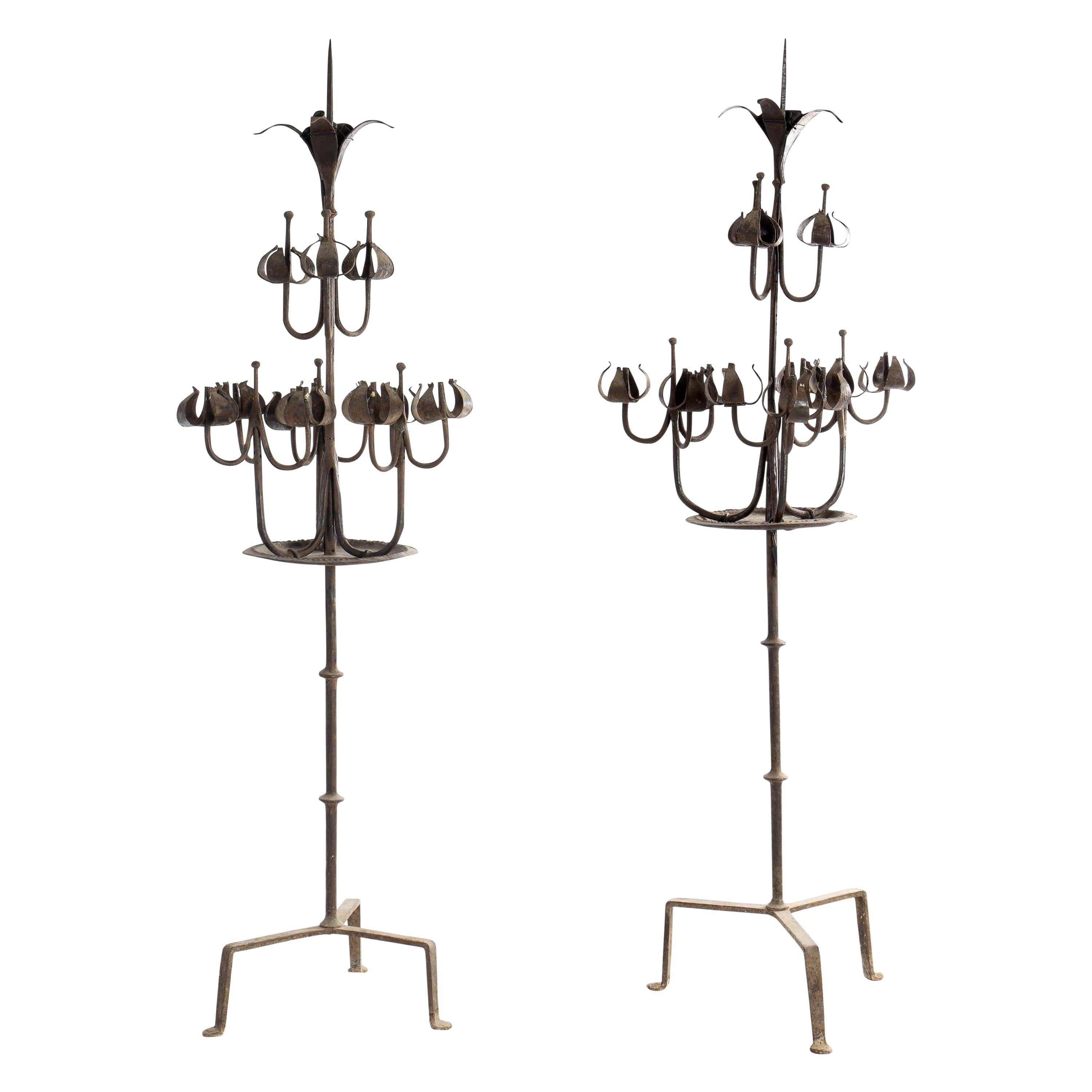 Pair of Tall Candelabra O Candelabrum, Neogothic Style, Wrought Iron, Spain For Sale