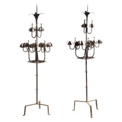 Vintage Pair of Tall Candelabra O Candelabrum, Neogothic Style, Wrought Iron, Spain