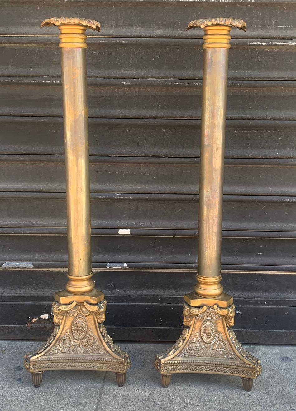 Mid-Century Modern Pair of Tall Candle Holders in Bronze Signed A.K. For Sale